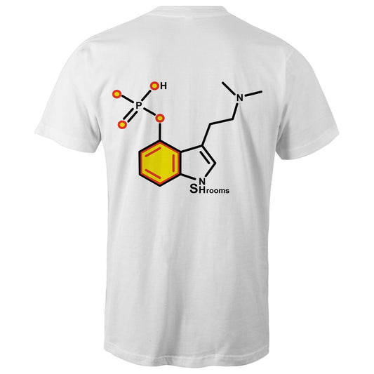 Back of the men's white T-shirt showcasing the Psilocybin molecule, combining scientific appeal with a sharp, modern design.