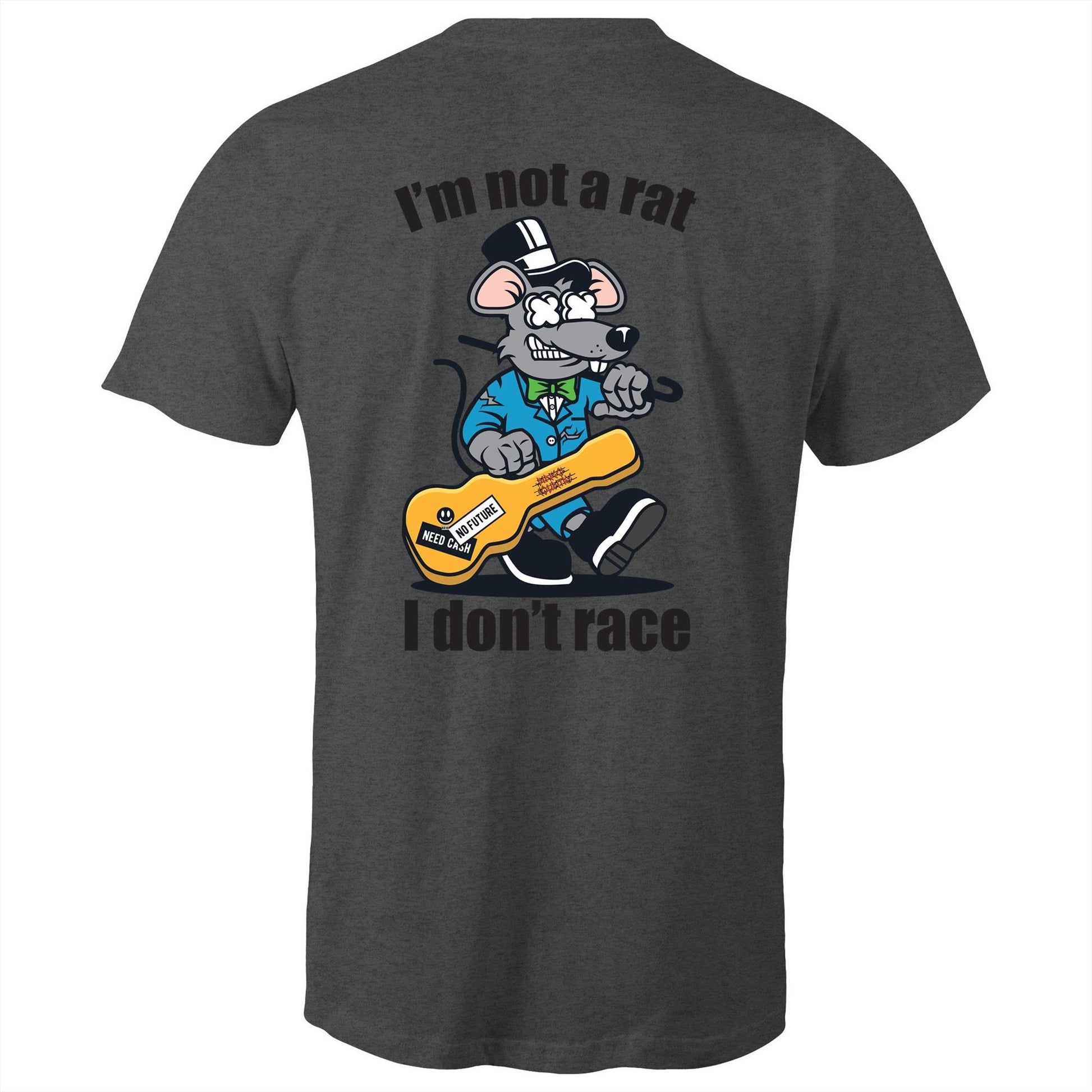 Asphalt mens T-shirt- Graphic print of a rat playing the guitar with 'I'm Not a Rat, I Don't Race' slogan, showcasing a playful nod to music enthusiasts.