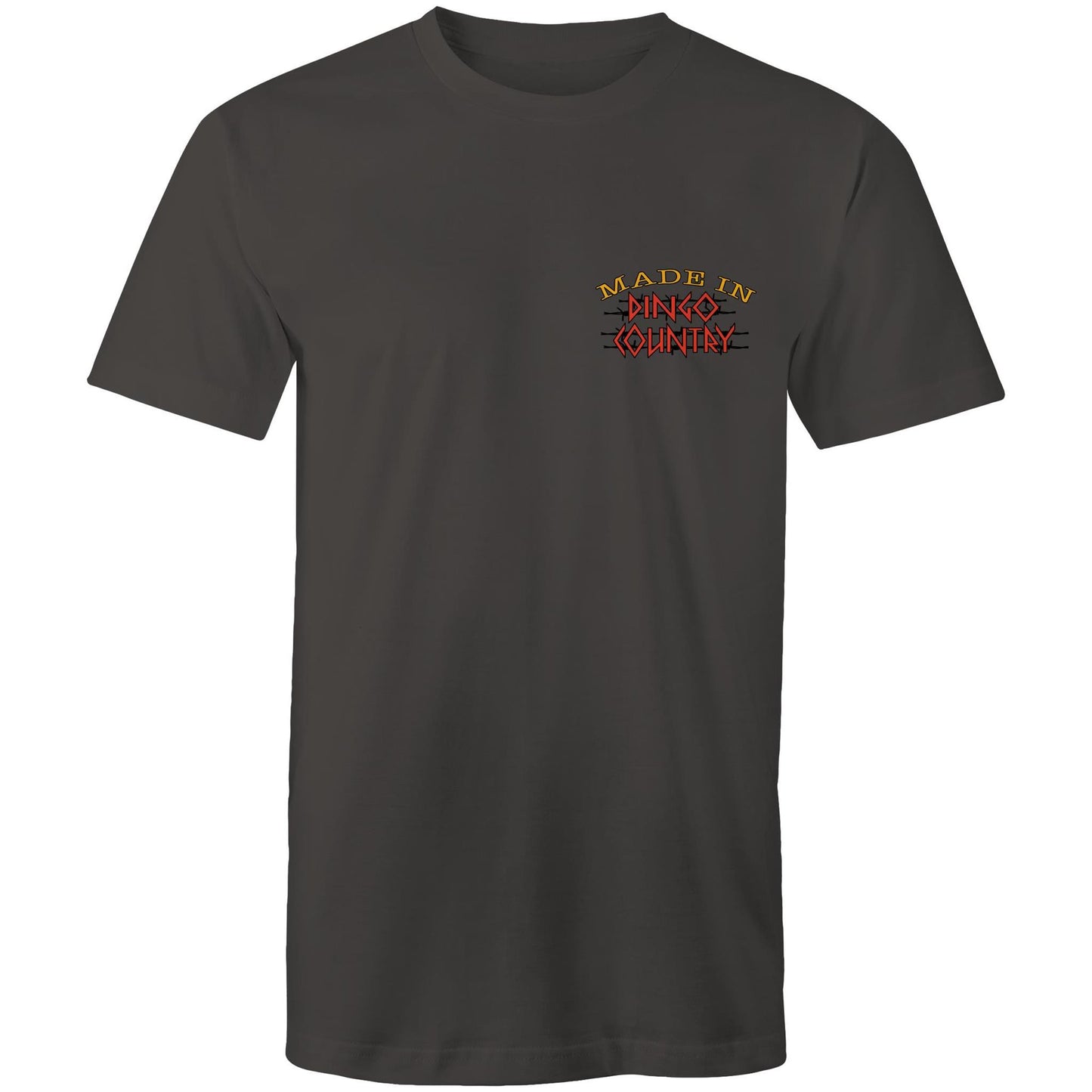 Men's casual charcoal T-shirt with 'Made in Dingo Country' logo on the chest, representing Australian heritage with style.