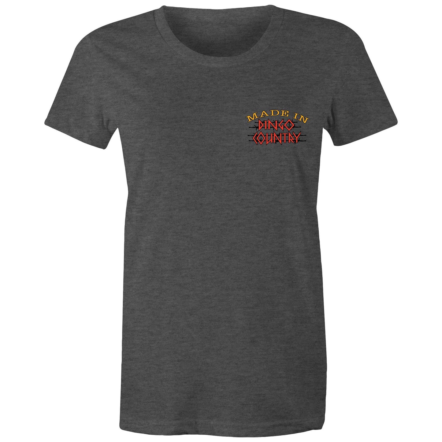 Made in Dingo Country" logo on a plain asphalt women's maple tee - front view.