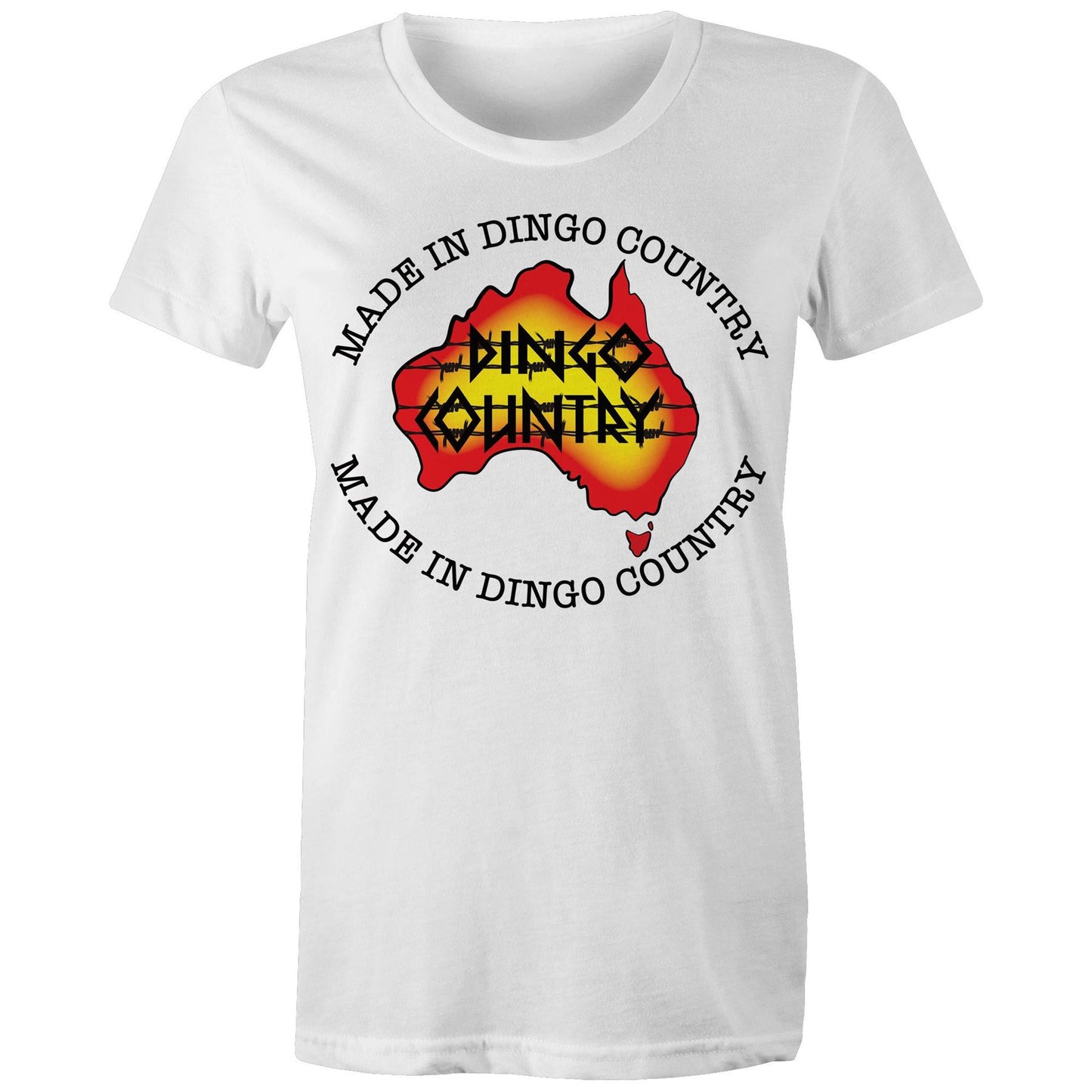 Women's Dingo Country Australia map t-shirt in white, available in 16 colors, with 'Made in Dingo Country' text for a proud Australian look.