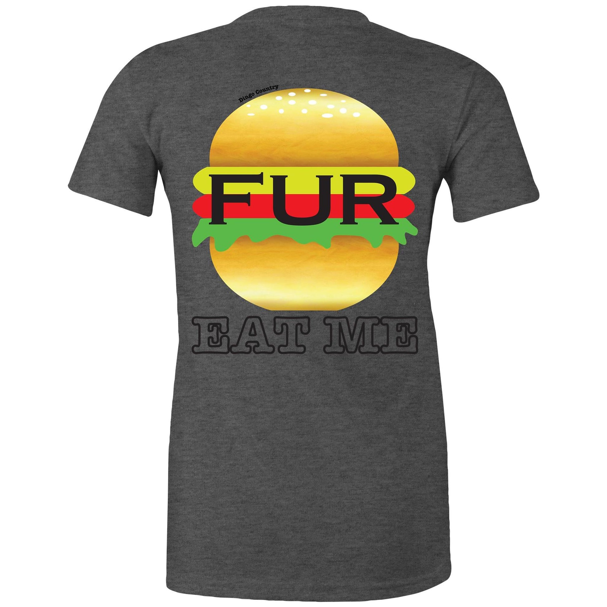 Rear view of Dingo Country's asphalt marle Tee, with the playful 'FUR BURGER EAT ME' burger graphic.