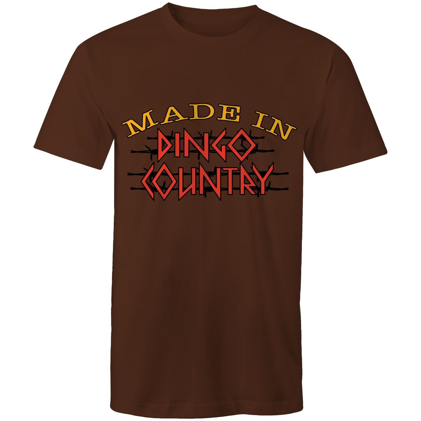 Men's classic dark chocolate t-shirt emblazoned with 'Made in Dingo Country' logo, available in 11 unique colours to match any style