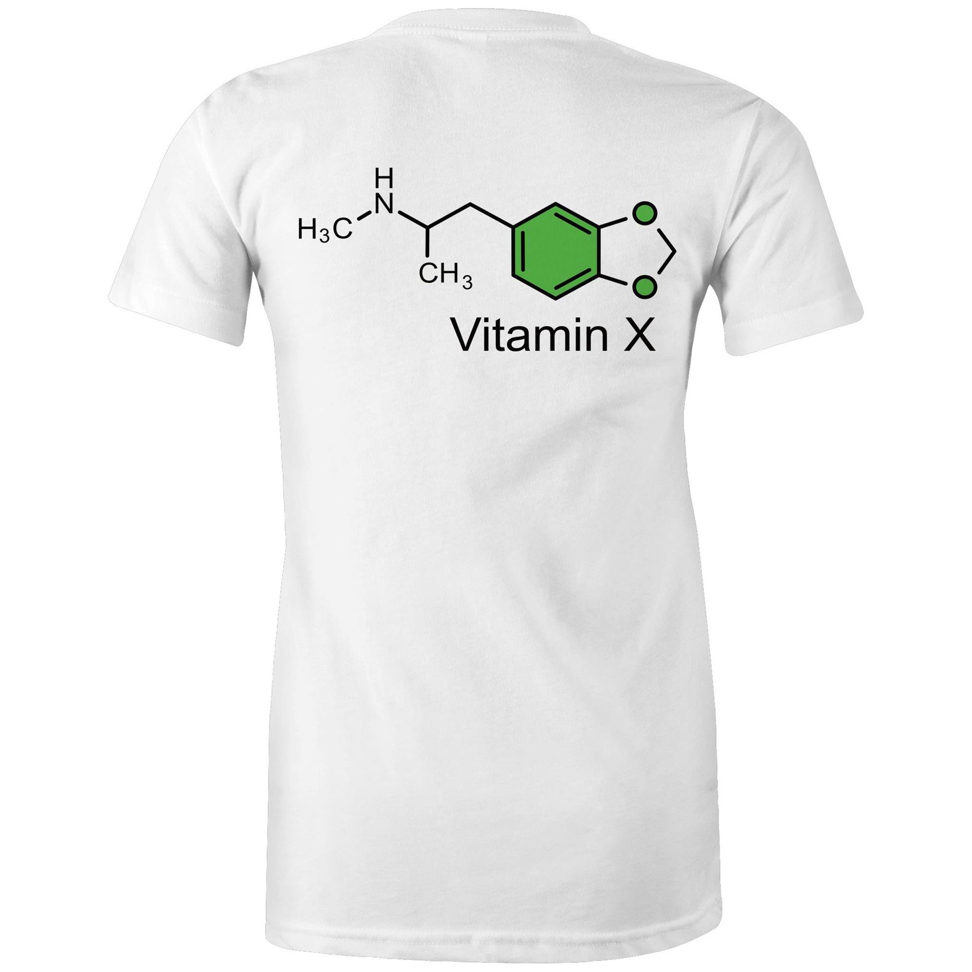 Chemical structure of MDMA, labeled "Vitamin X" on the back of a white women's maple tee.