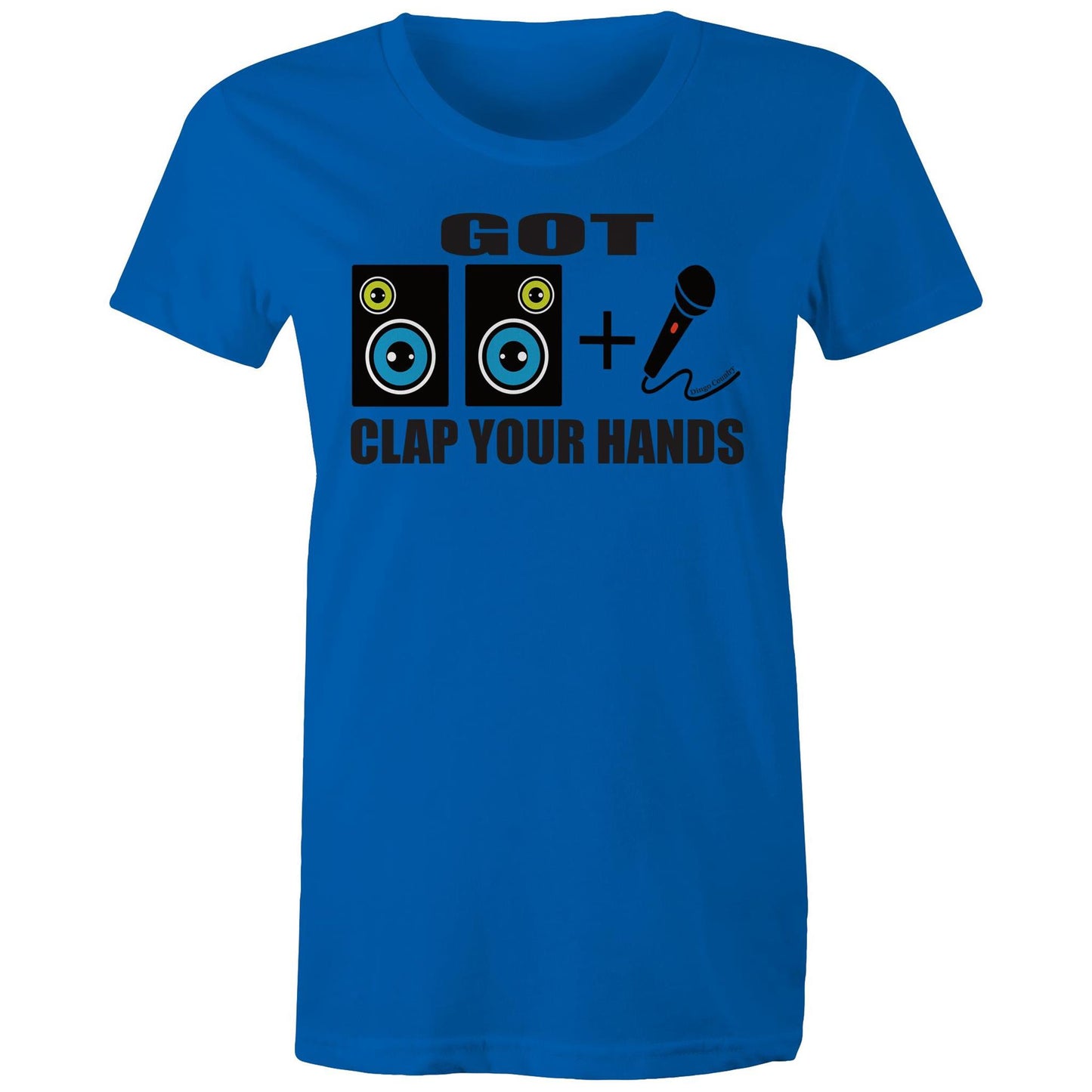 Women's bright royal maple tee with 'GOT two speakers icon + Mic' icon and 'CLAP YOUR HANDS' text on the front, reflecting Beck's song lyrics