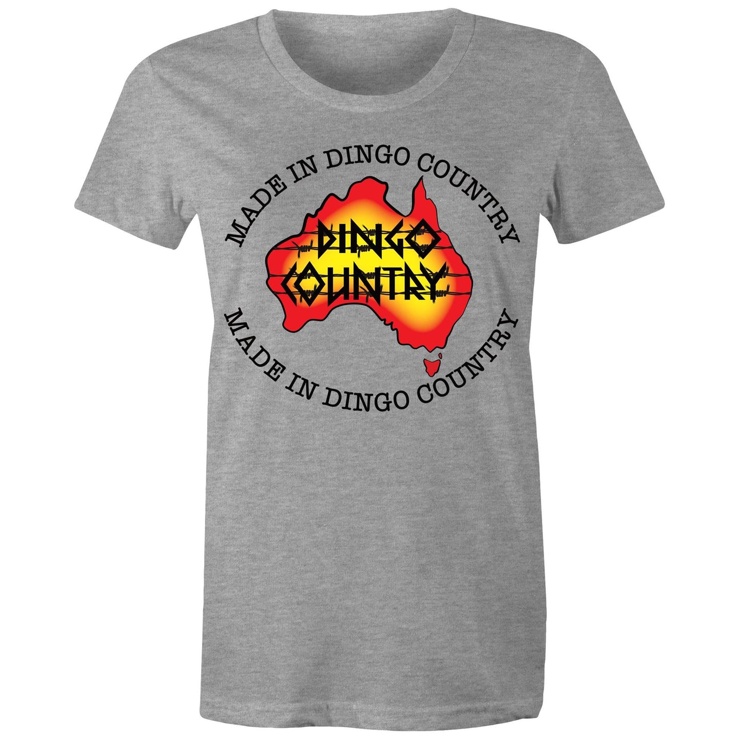 Women's Dingo Country Australia map t-shirt in grey, available in 16 colors, with 'Made in Dingo Country' text for a proud Australian look.