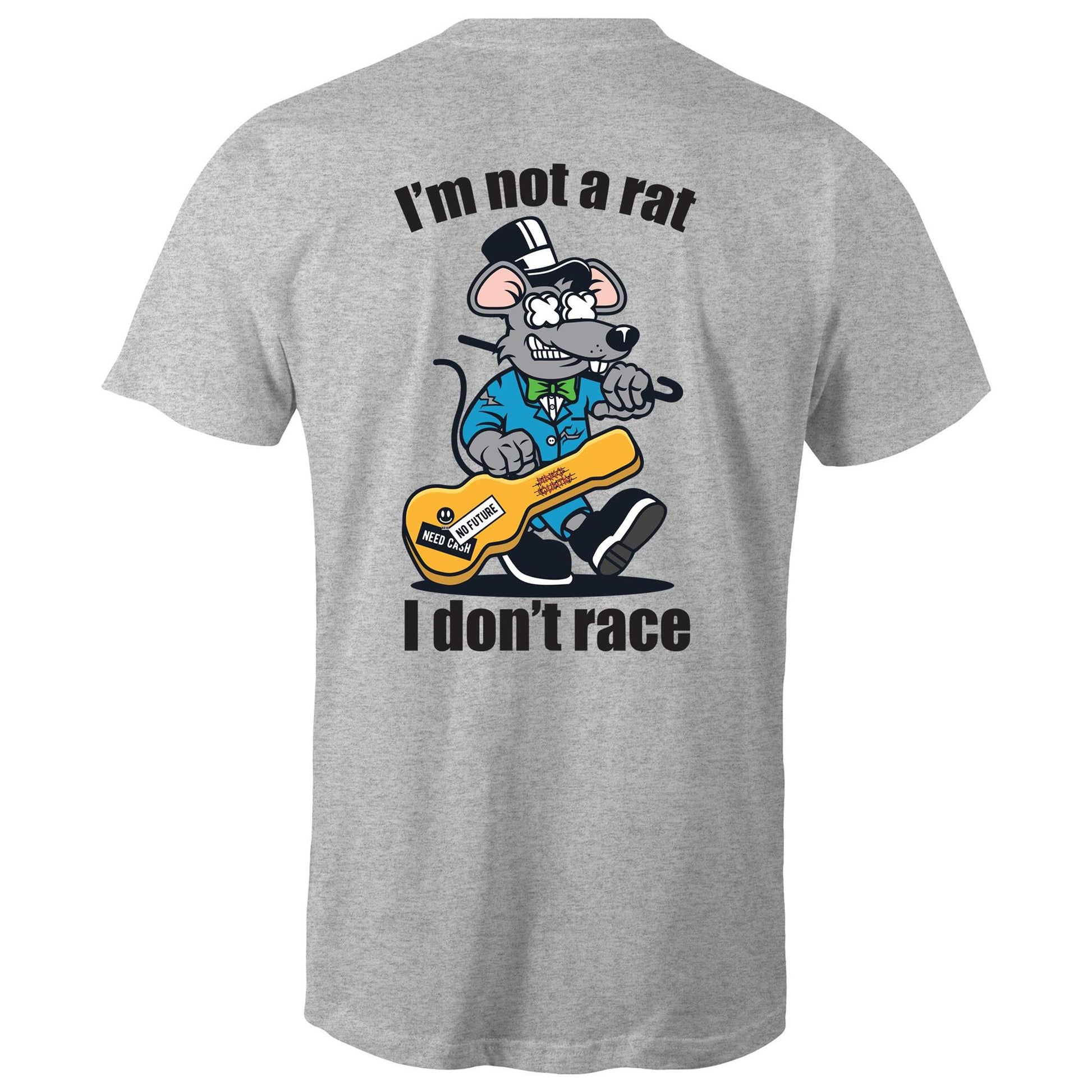 Grey mens T-shirt- Graphic print of a rat playing the guitar with 'I'm Not a Rat, I Don't Race' slogan, showcasing a playful nod to music enthusiasts.