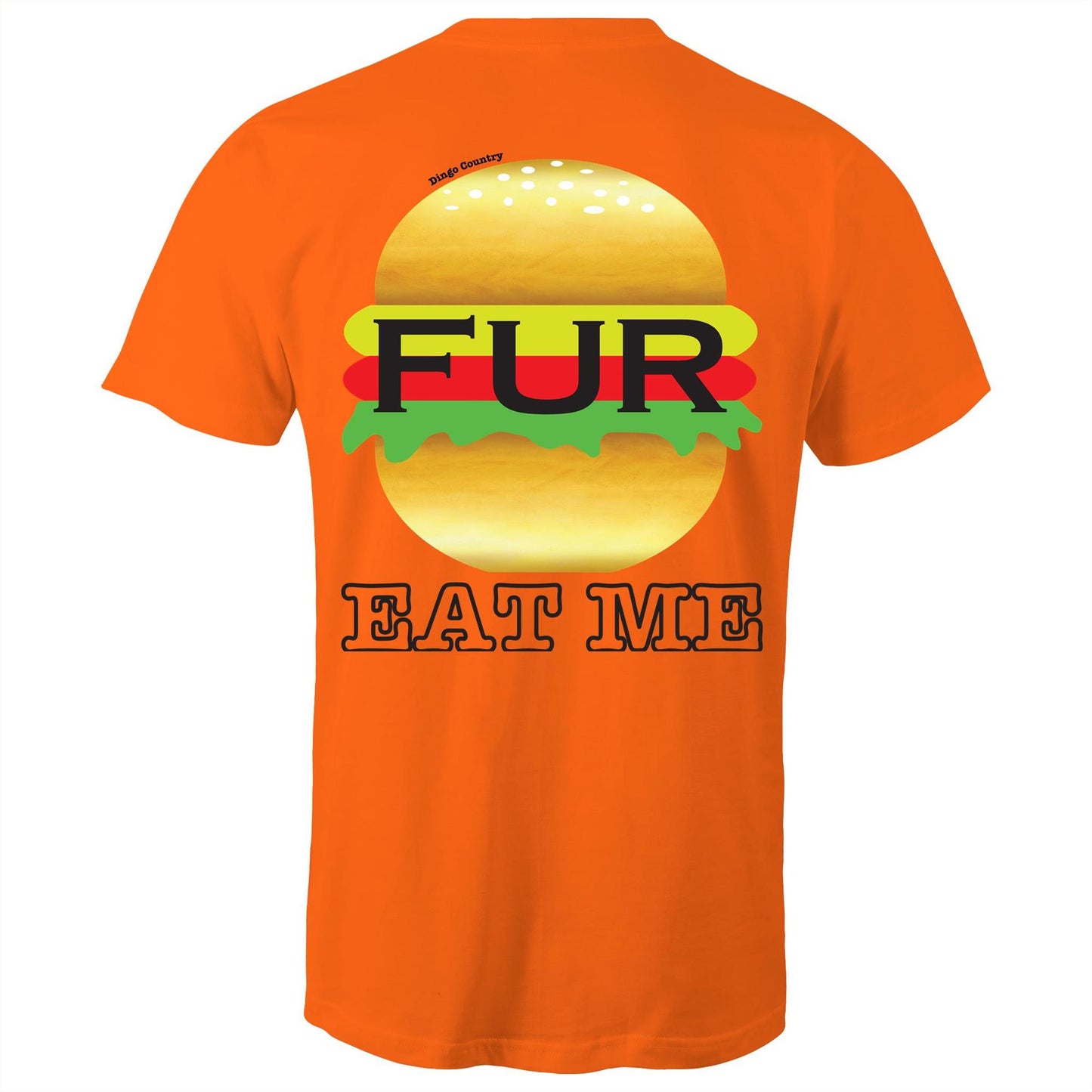 Back of orange t-shirt displaying a humorous 'EAT ME' text with a stylized Fur burger graphic, blending Australian slang with playful design