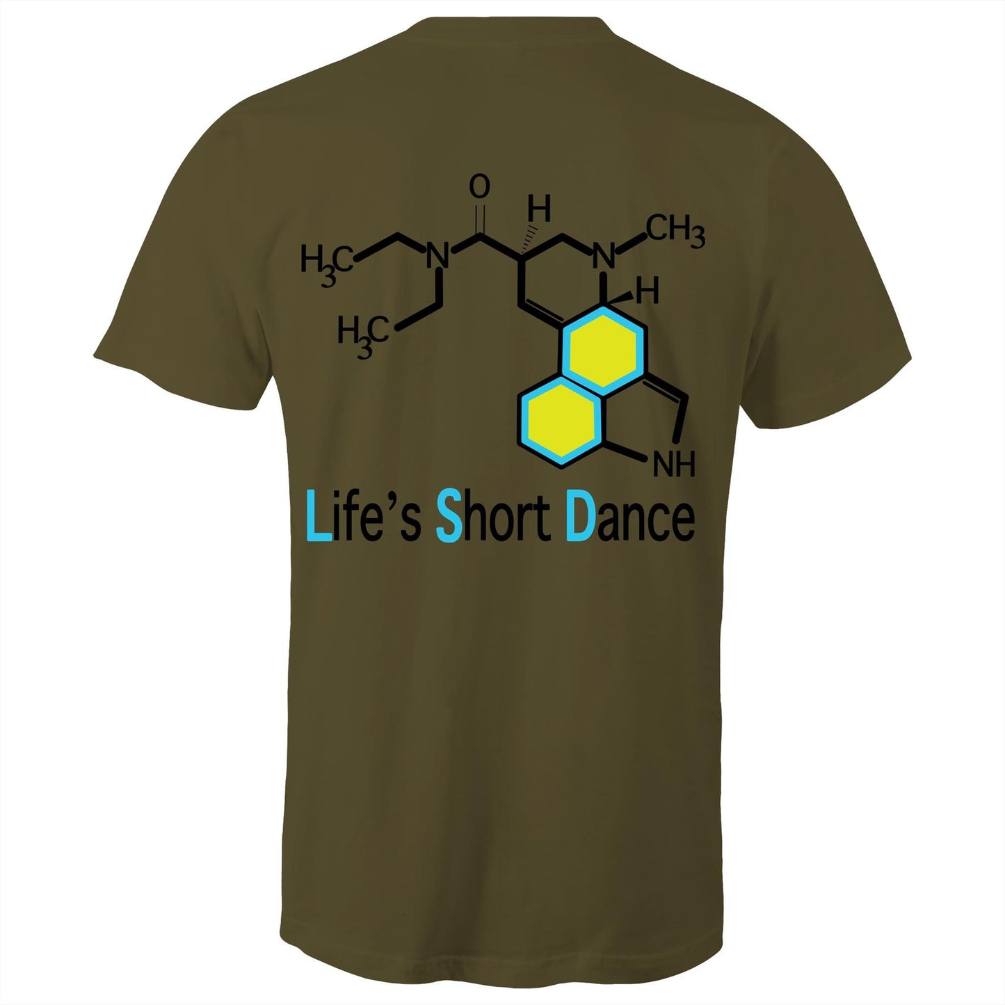 Back view of 'Life’s Short Dance' Men's Army green T-Shirt featuring an intricate chemical molecule design in black and blue, with the phrase 'Life’s Short Dance' in stylized blue font