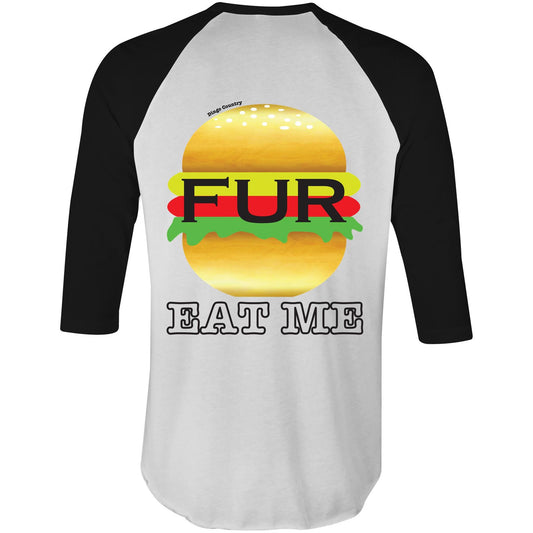 Back of Men's Raglan Tee black sleeve with humorous 'FUR BURGER EAT ME' burger design - Dingo Country's fun fashion statement.