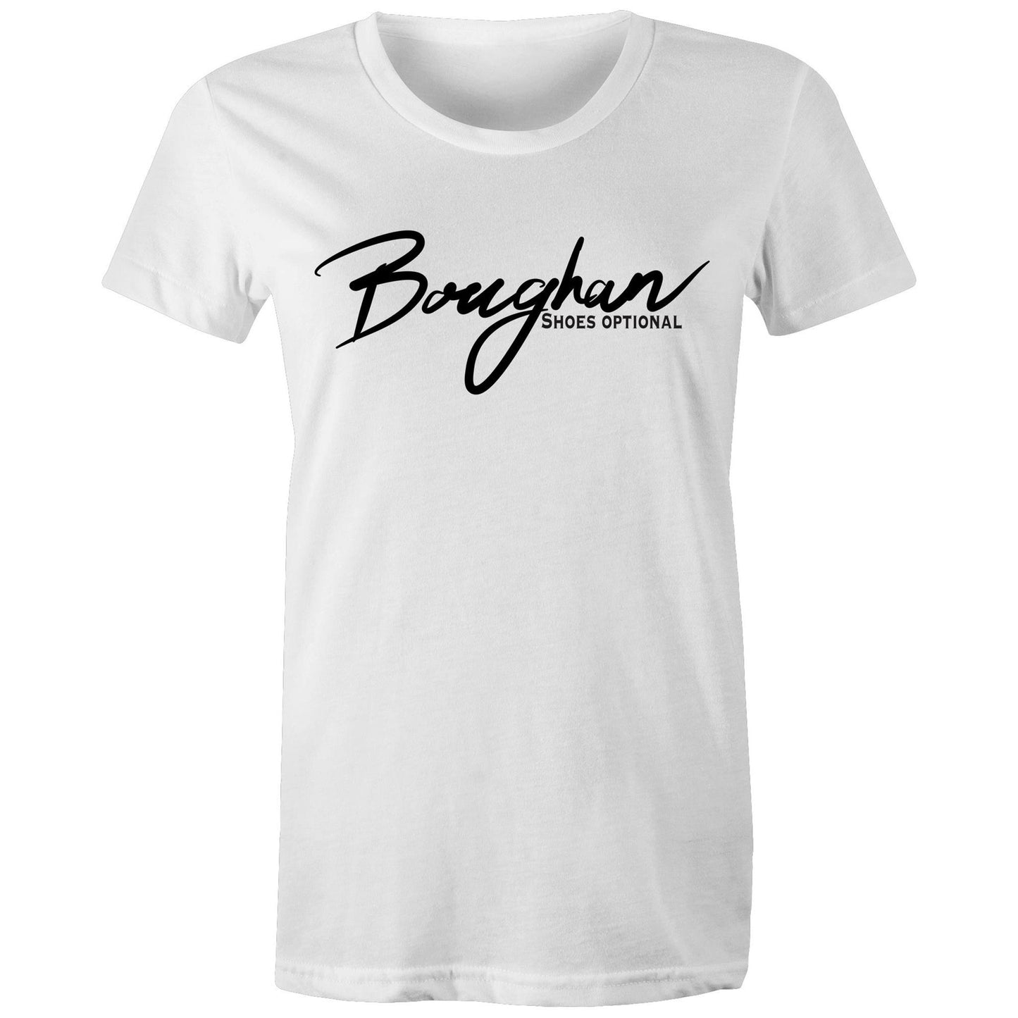 Easy-going white Women's Maple Tee with 'Boughan - Shoes Optional' text, offering a blend of comfort and cheeky charm.