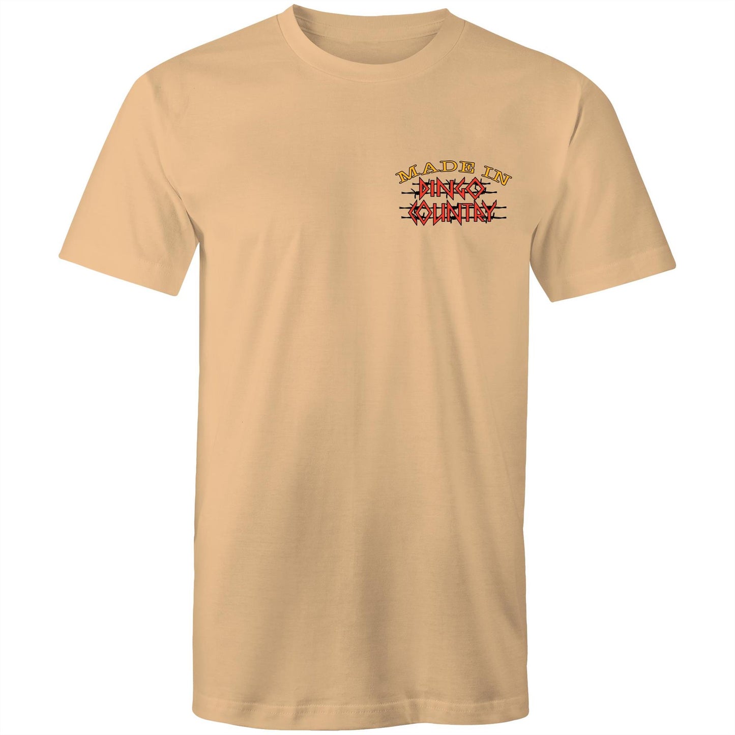 Tan men's t-shirt with 'Made in Dingo Country' small chest print in red and black.