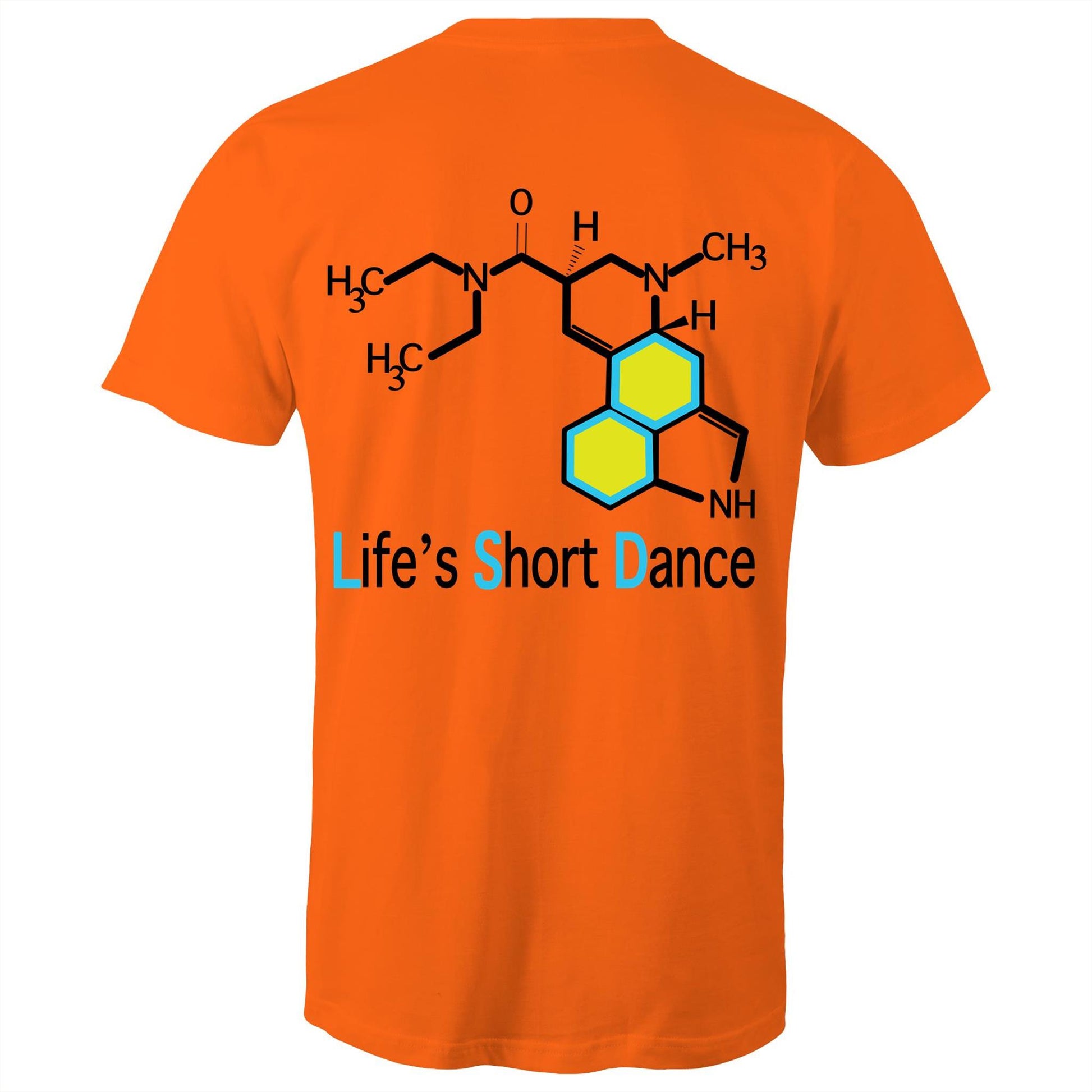 Back view of 'Life’s Short Dance' Men's Orange T-Shirt featuring an intricate chemical molecule design in black and blue, with the phrase 'Life’s Short Dance' in stylized blue font