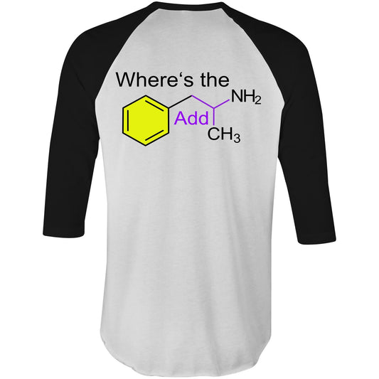 Back view of the black sleeve raglan t-shirt with a playful 'Where’s the Addy' text intertwined with a vivid molecular structure, symbolizing both a love for chemistry and a good-natured sense of humor.