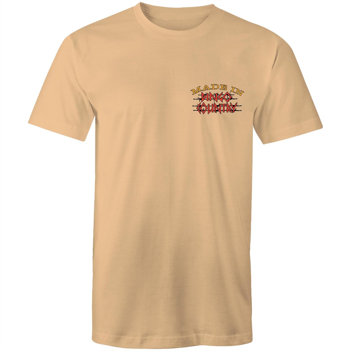 Front view of 'Life’s Short Dance' Men's T-Shirt showcasing the 'Made in Dingo Country' logo in warm earthy tones on a tan background.