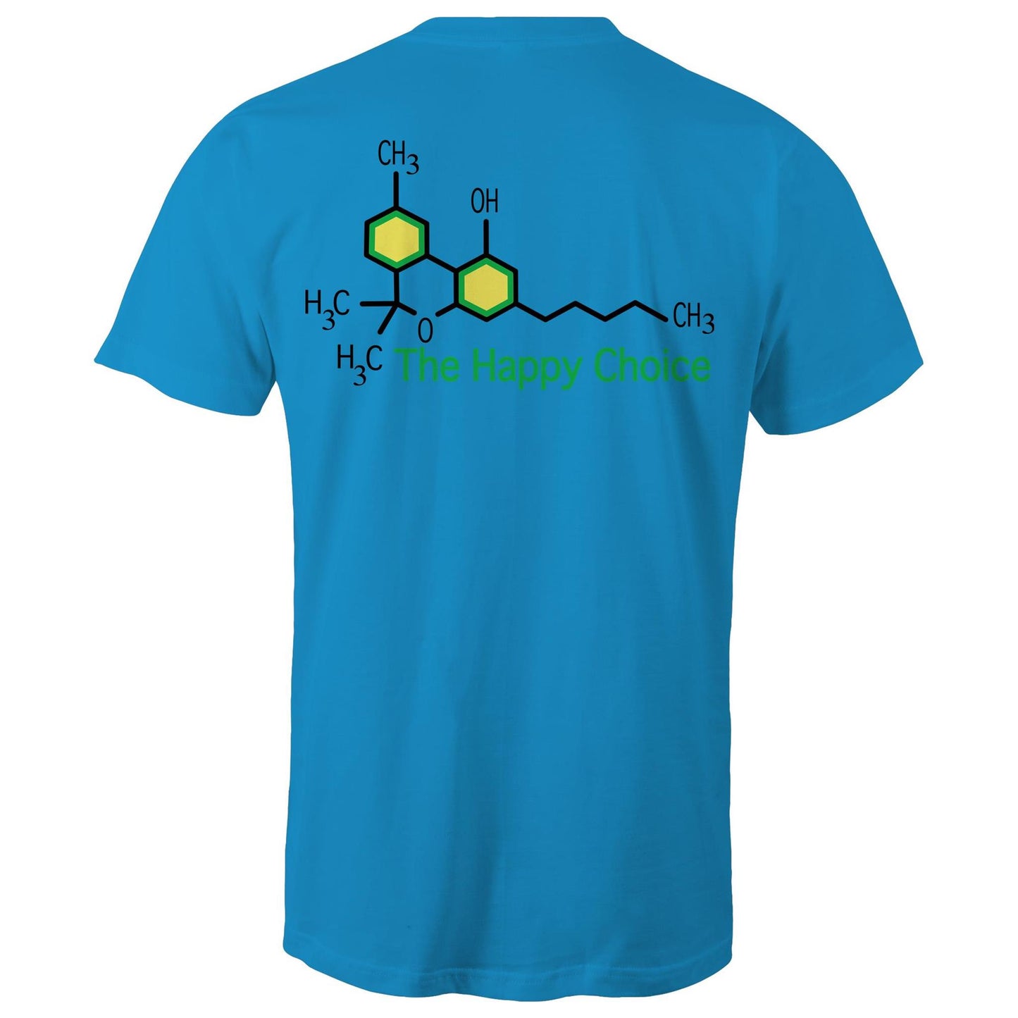 Rear view of a arctic blue T-shirt showing the chemical structure of Tetrahydrocannabinol (THC) with 'The Happy Choice' tagline, merging fun with pharmacological interest.