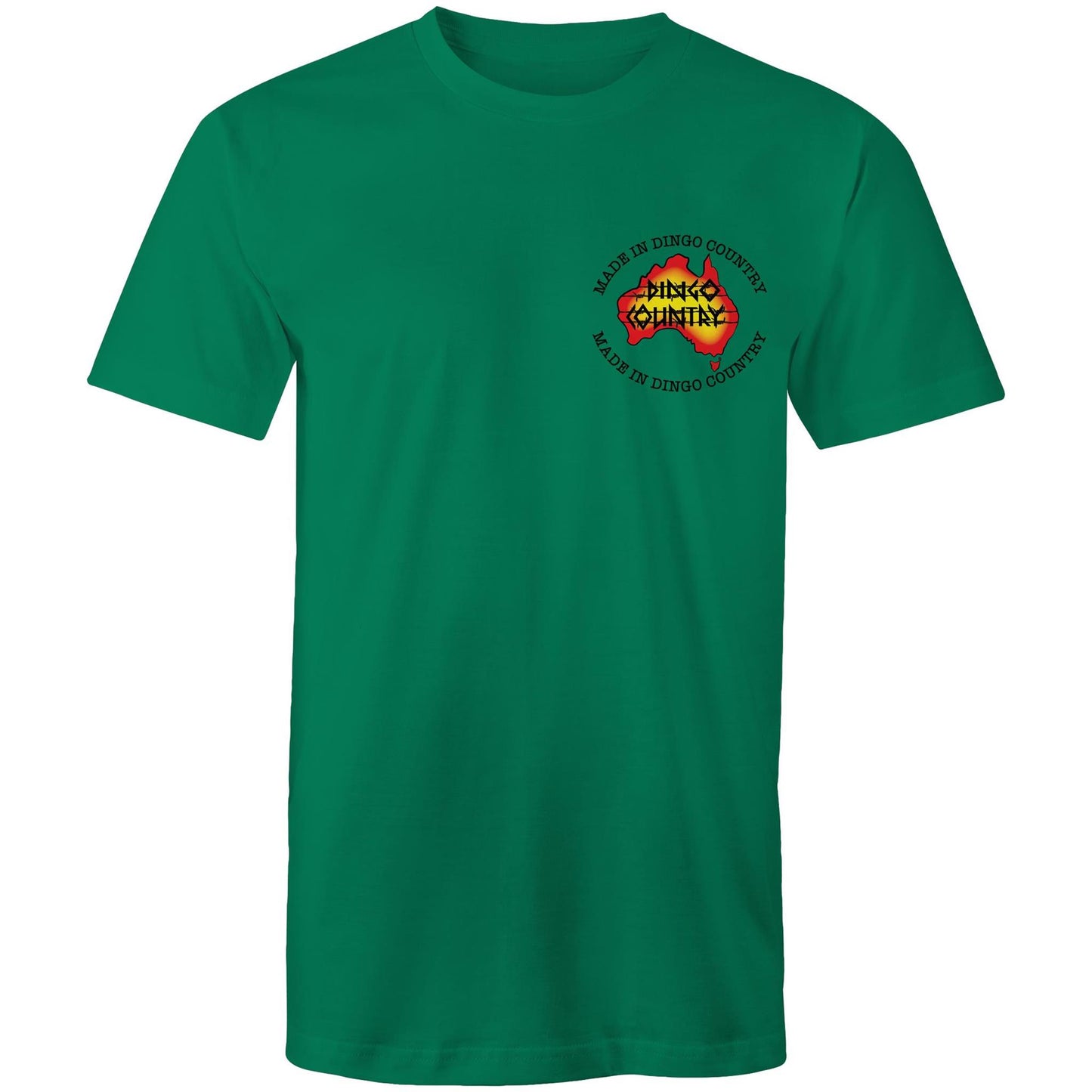 Kelly green t-shirt with 'Made in Dingo Country' logo on the chest in vibrant Australian colors.