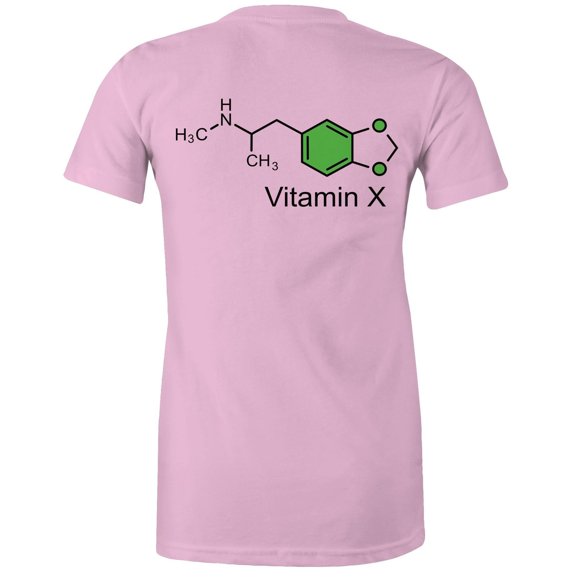 Chemical structure of MDMA, labeled "Vitamin X" on the back of a pink women's maple tee.