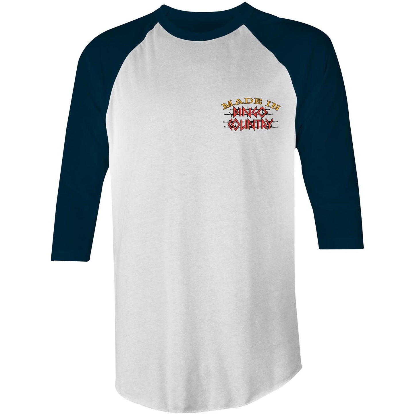 Front view of a raglan sleeve t-shirt with navy sleeves and a white torso, featuring a small chest print that reads 'Made in dingo country' in a retro font with orange, red, and brown tones.