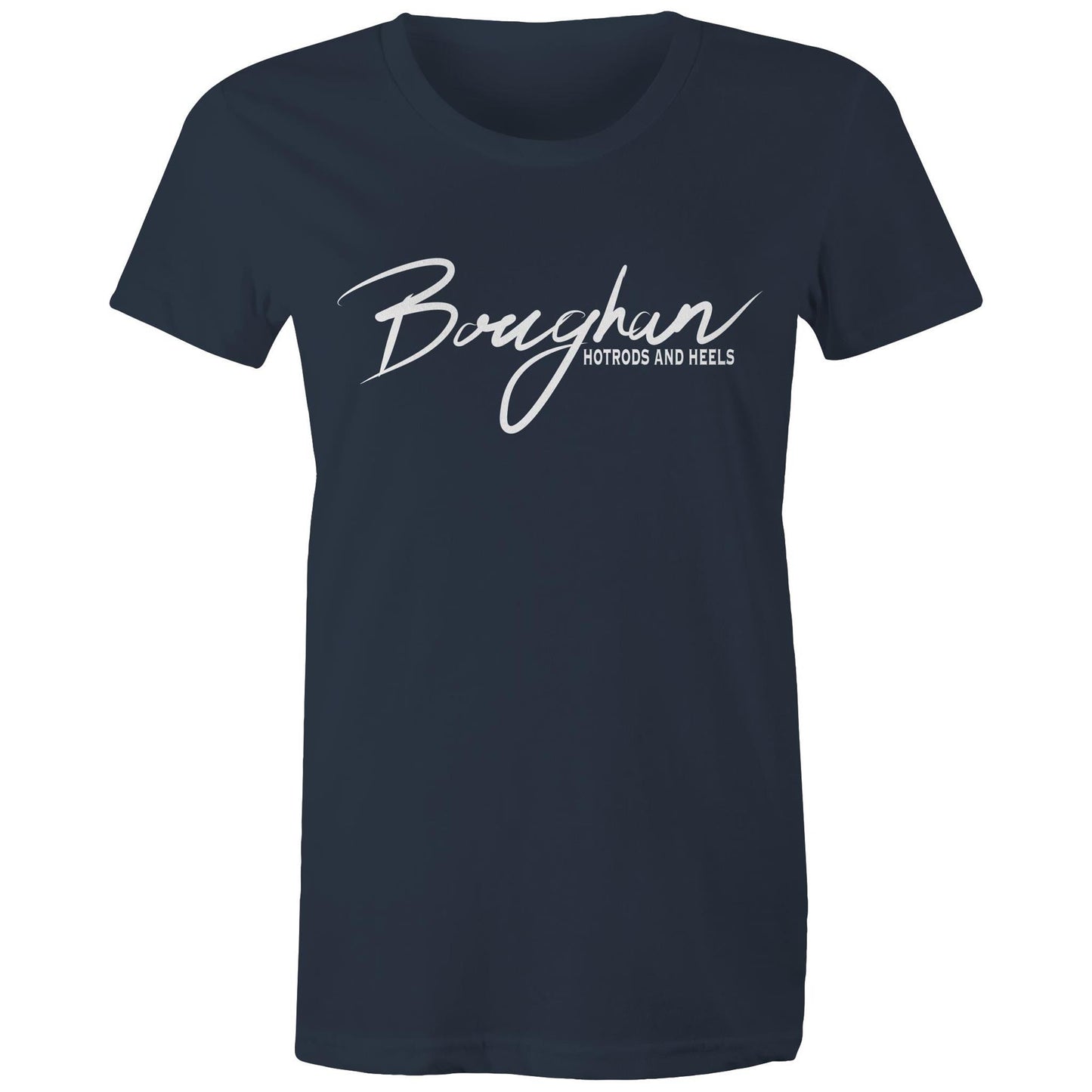 Navy women's maple tee featuring 'Boughan Hotrods and Heels' script, embodying a blend of automotive passion and stylish femininity.