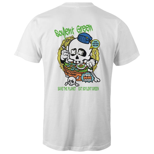 Rear view of a white T-shirt featuring a colourful 'Soylent Green' graphic with a skull eating cereal, highlighting an environmental message with a twist of dark humour.