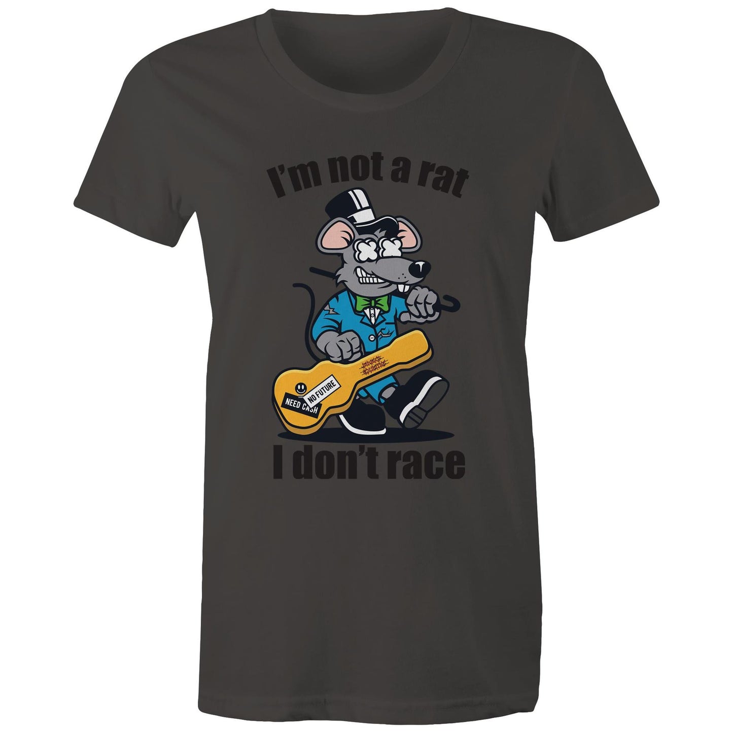 Front view of a woman's charcoal maple tee with a graphic of a guitar-playing rat and the words 'I'm Not a Rat, I Don't Race', exemplifying a fun and laid-back style