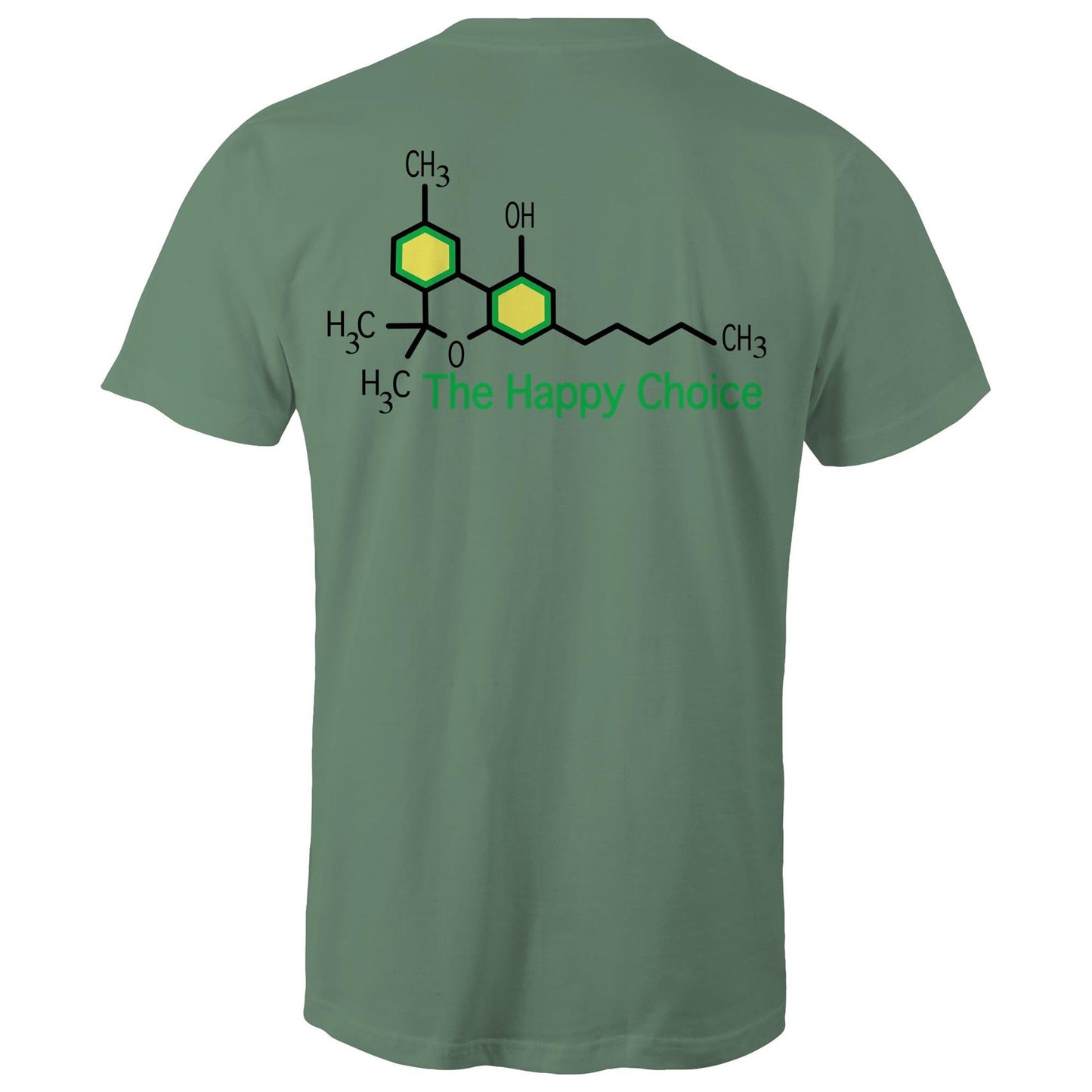 Rear view of a sage T-shirt showing the chemical structure of Tetrahydrocannabinol (THC) with 'The Happy Choice' tagline, merging fun with pharmacological interest.