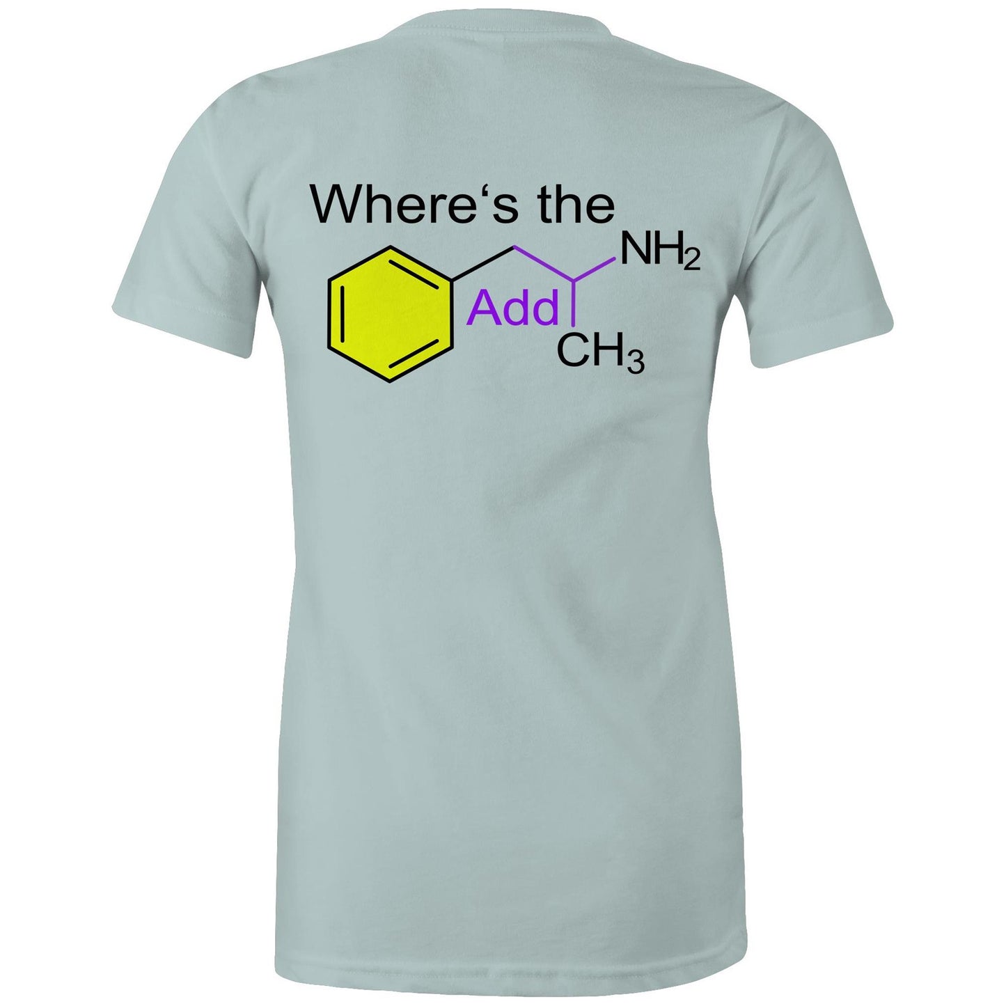 Back view pale blue women's t-shirt showing a playful twist on chemistry with 'Where’s the Addy' integrated within a colourful molecular structure design.