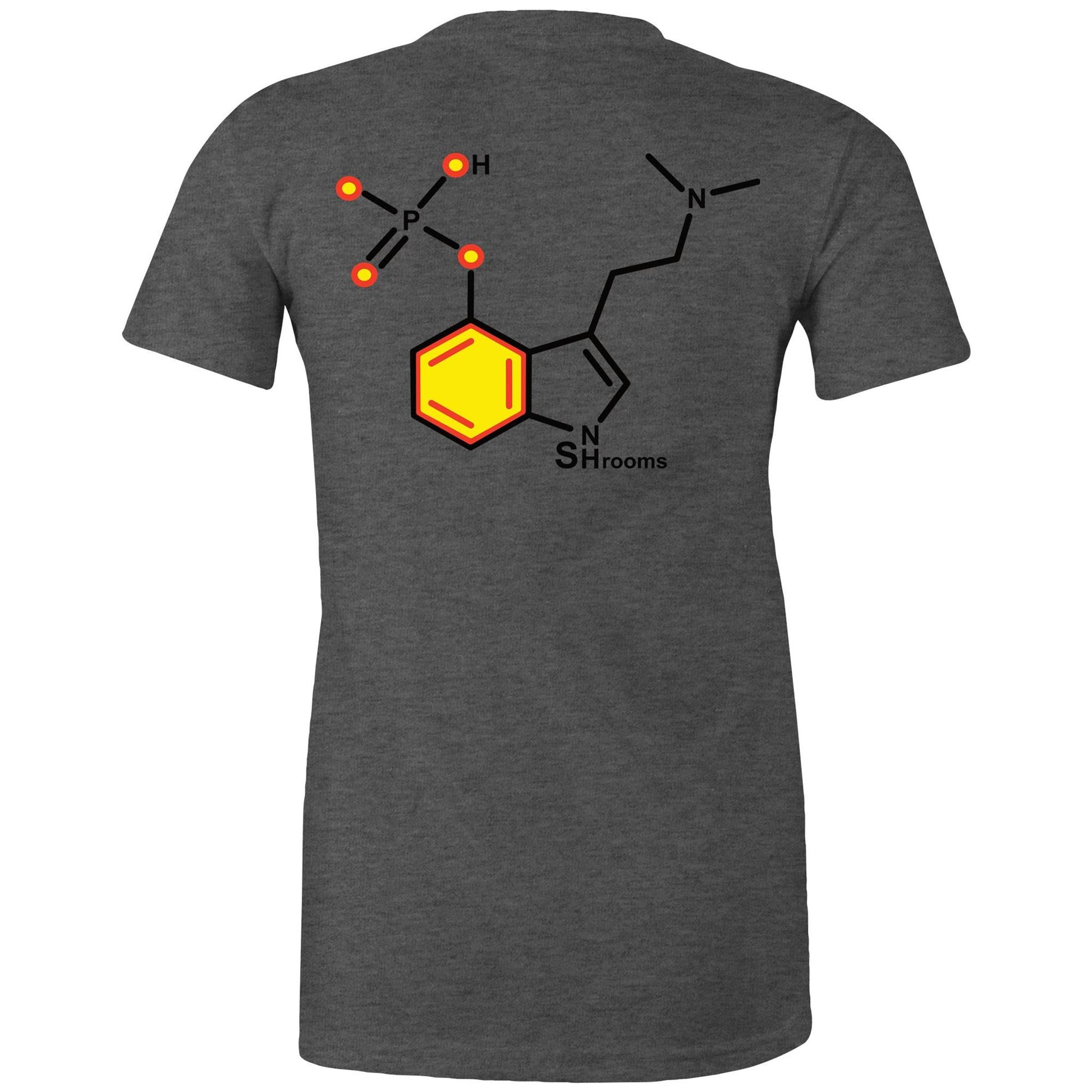 Back of the asphalt Women's Maple Tee displaying the chemical structure for Psilocybin, marrying elegance with a love for mycology.