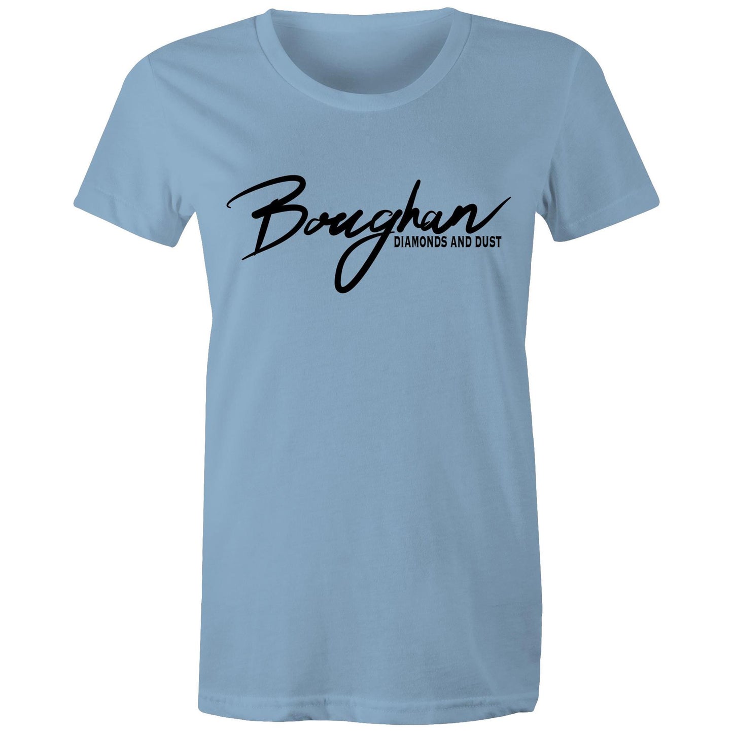 Women's Carolina blue Maple Tee with 'Boughan - Diamonds and Dust' script.