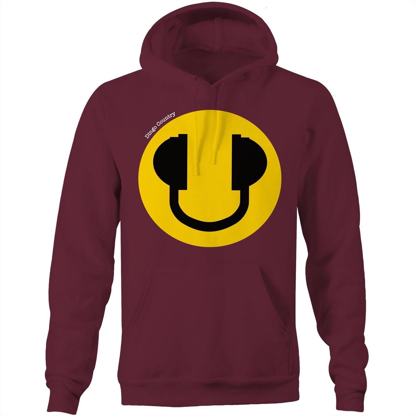 Burgundy hoodie featuring a large yellow smiley face with headphone accents, embodying a fun and music-filled lifestyle, from Dingo Country.