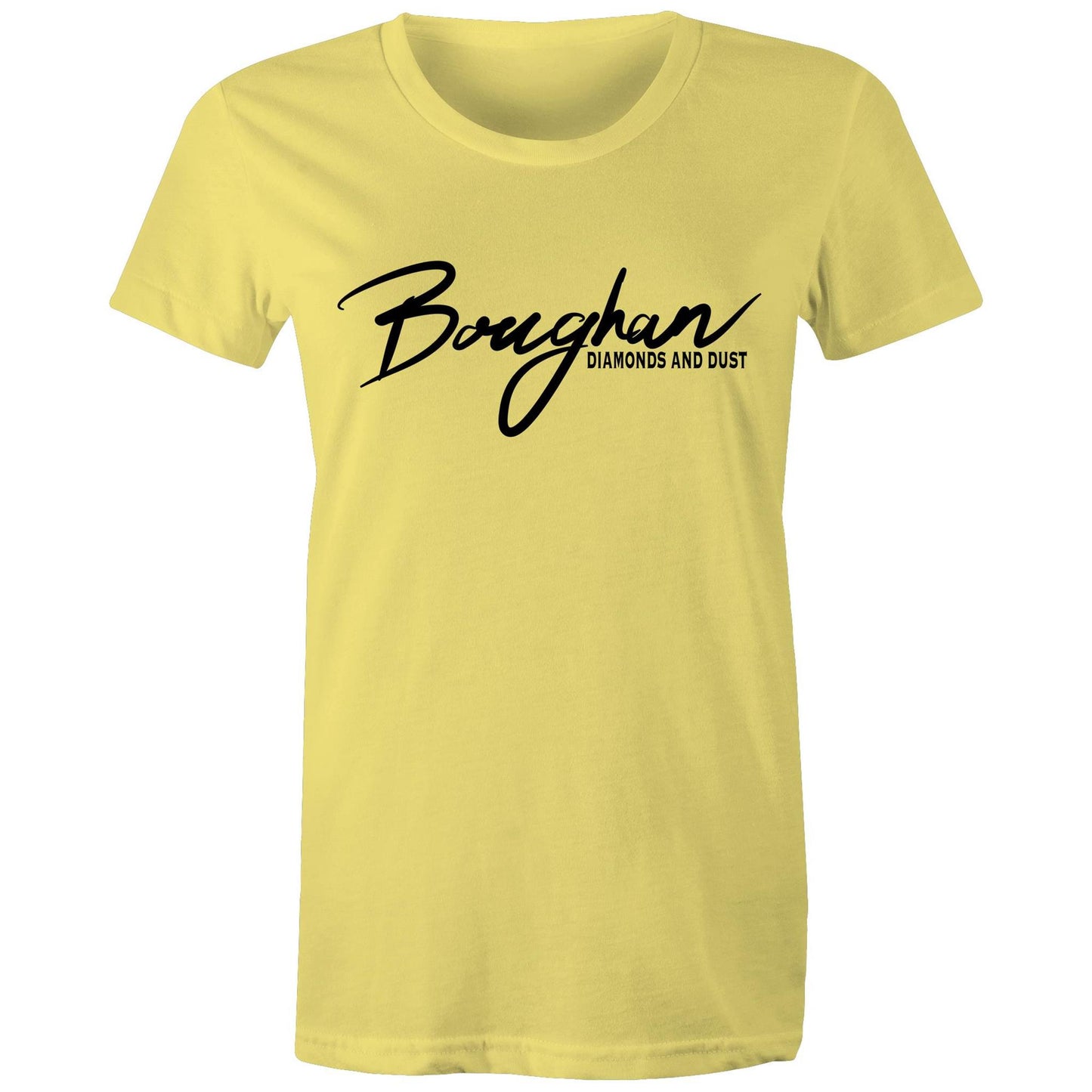 Women's yellow Maple Tee with 'Boughan - Diamonds and Dust' script.