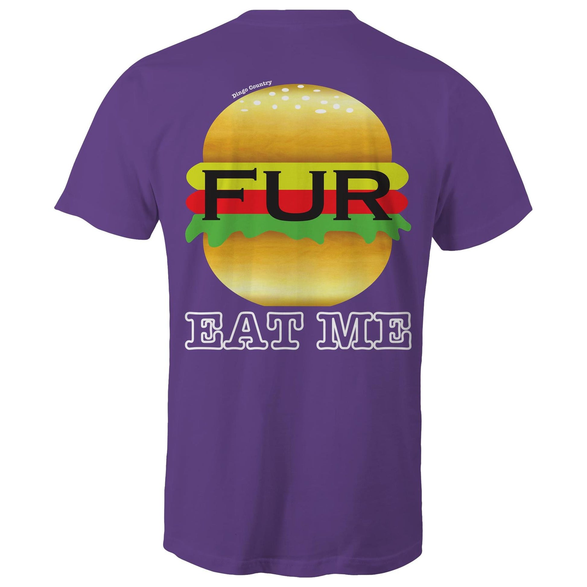 Back of purple t-shirt displaying a humorous 'EAT ME' text with a stylized Fur burger graphic, blending Australian slang with playful design