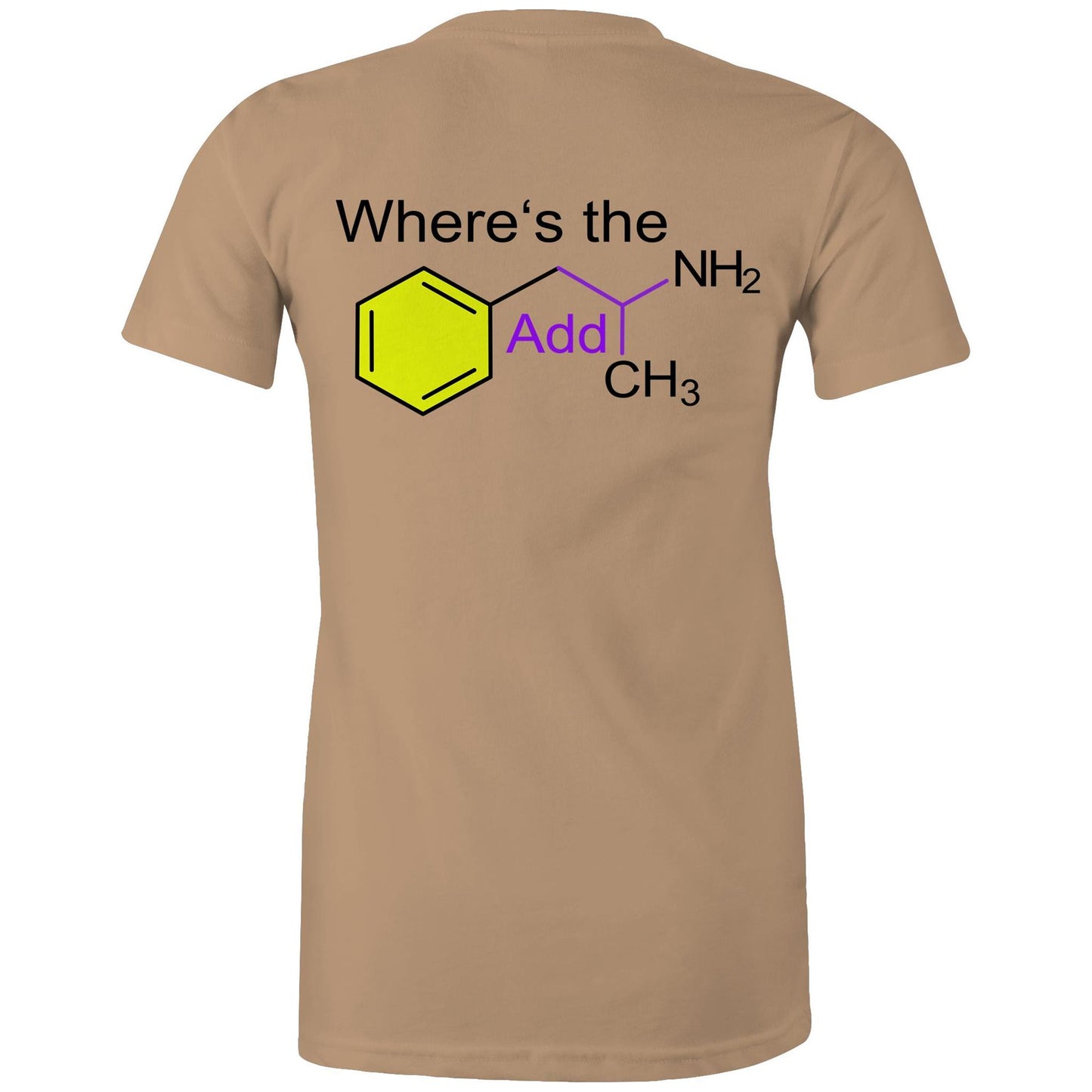 Back view tan women's t-shirt showing a playful twist on chemistry with 'Where’s the Addy' integrated within a colourful molecular structure design.