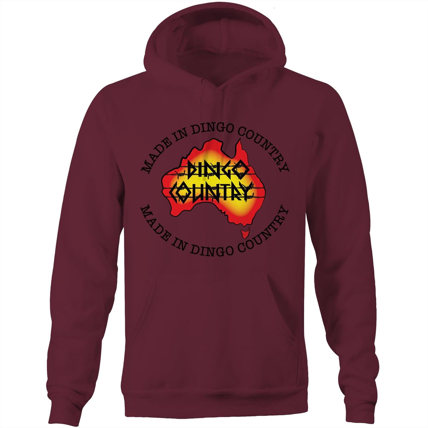 Burgundy 'Made in DC Australia' pocket hoodie sweatshirt showcasing a stylised map of Australia with 'Dingo Country' & made in dingo country text on the front.