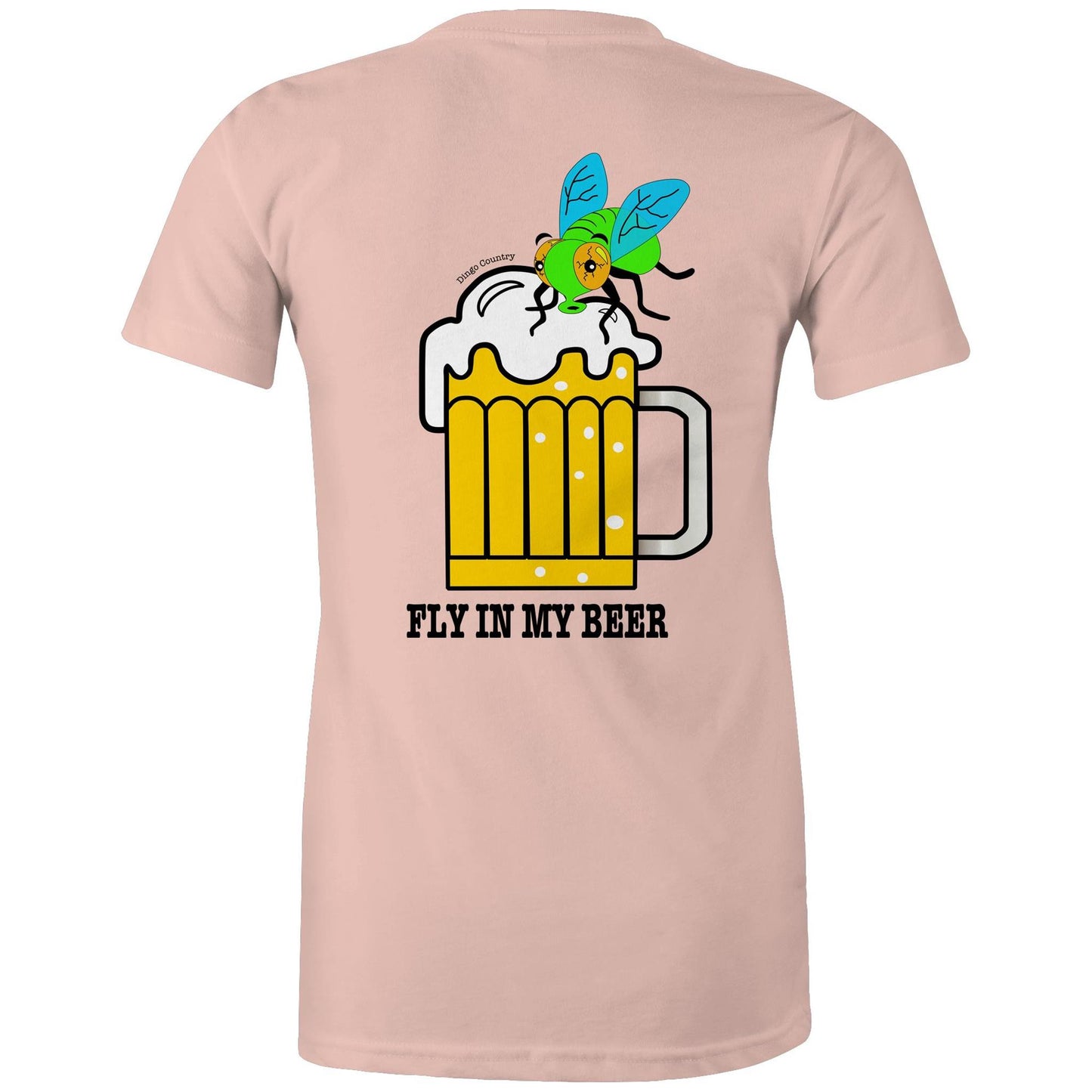 Back view of the pale pink 'Fly in My Beer' T-shirt featuring a humorous print with a cartoon fly in a frothy beer mug and the playful text below