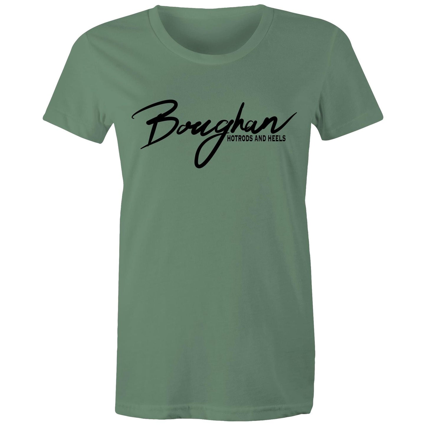 Sage women's maple tee featuring 'Boughan Hotrods and Heels' script, embodying a blend of automotive passion and stylish femininity.