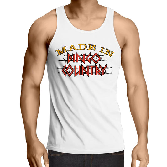 Muscular man wearing a white Dingo Country singlet top with a bold logo, symbolizing Australian pride, also available in black