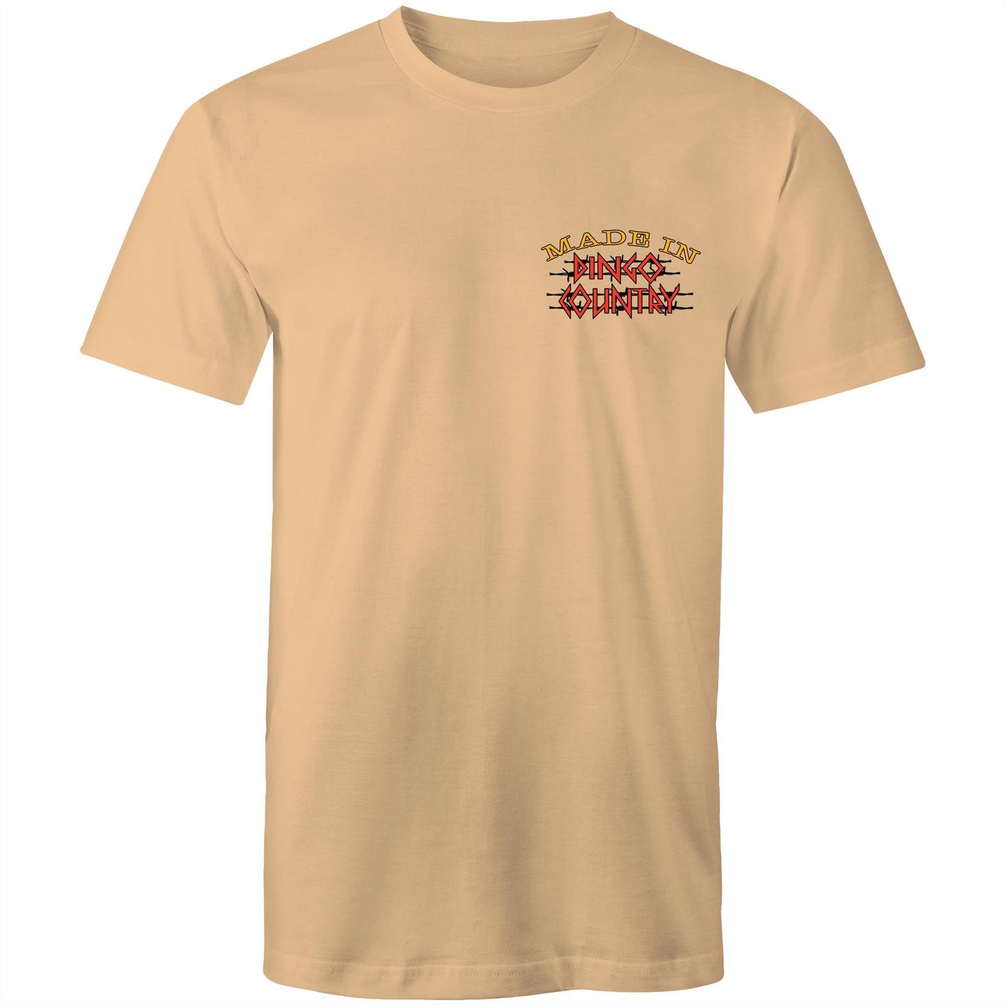 Tan T-shirt with a small 'Made in Dingo Country' logo on the chest, symbolizing Australian heritage with a minimalist front design.