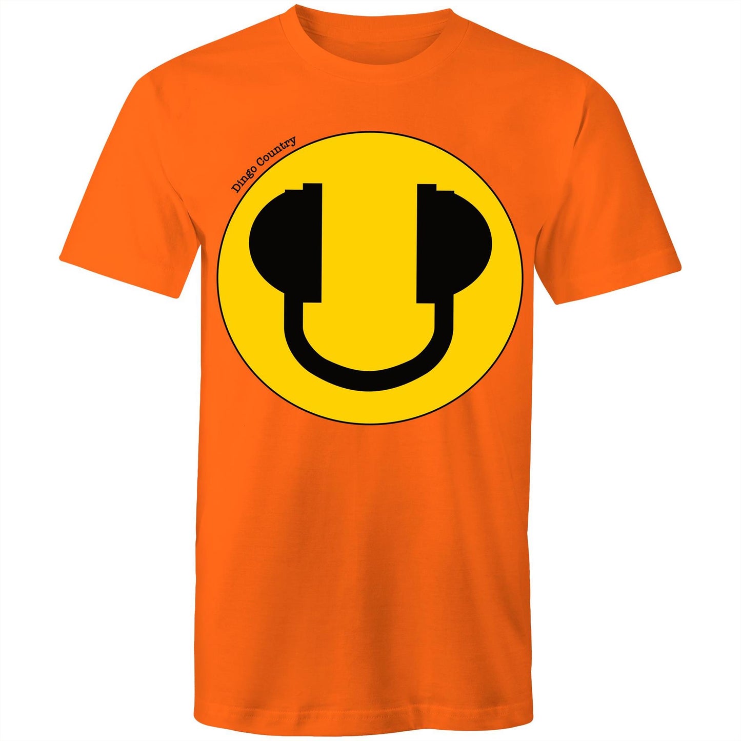 Men's orange T-Shirt featuring a large smiley face with headphone design, available in 13 colors, showcasing a playful and music-inspired style from Dingo Country.