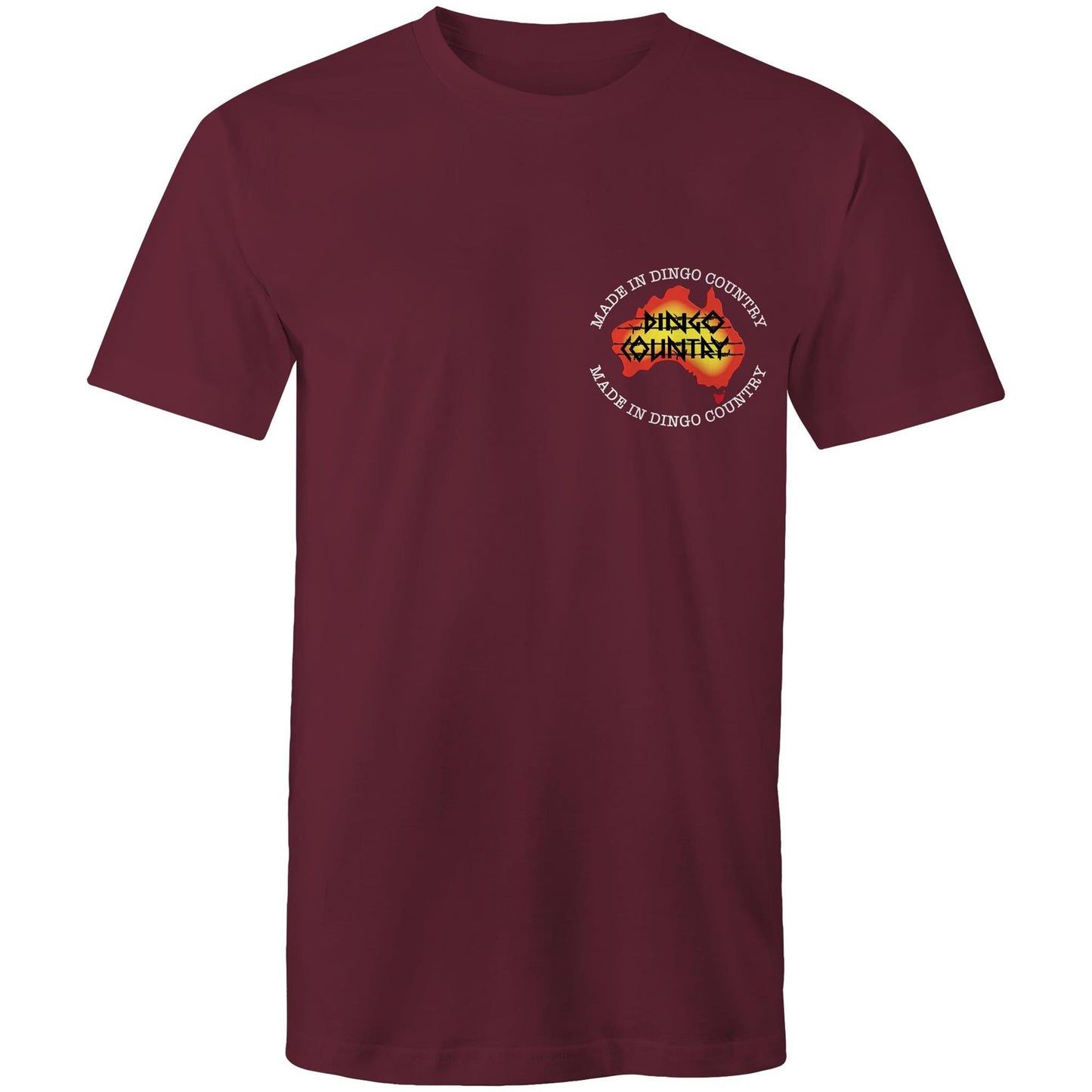 Burgundy t-shirt with 'Made in Dingo Country' logo on the chest in vibrant Australian colors.