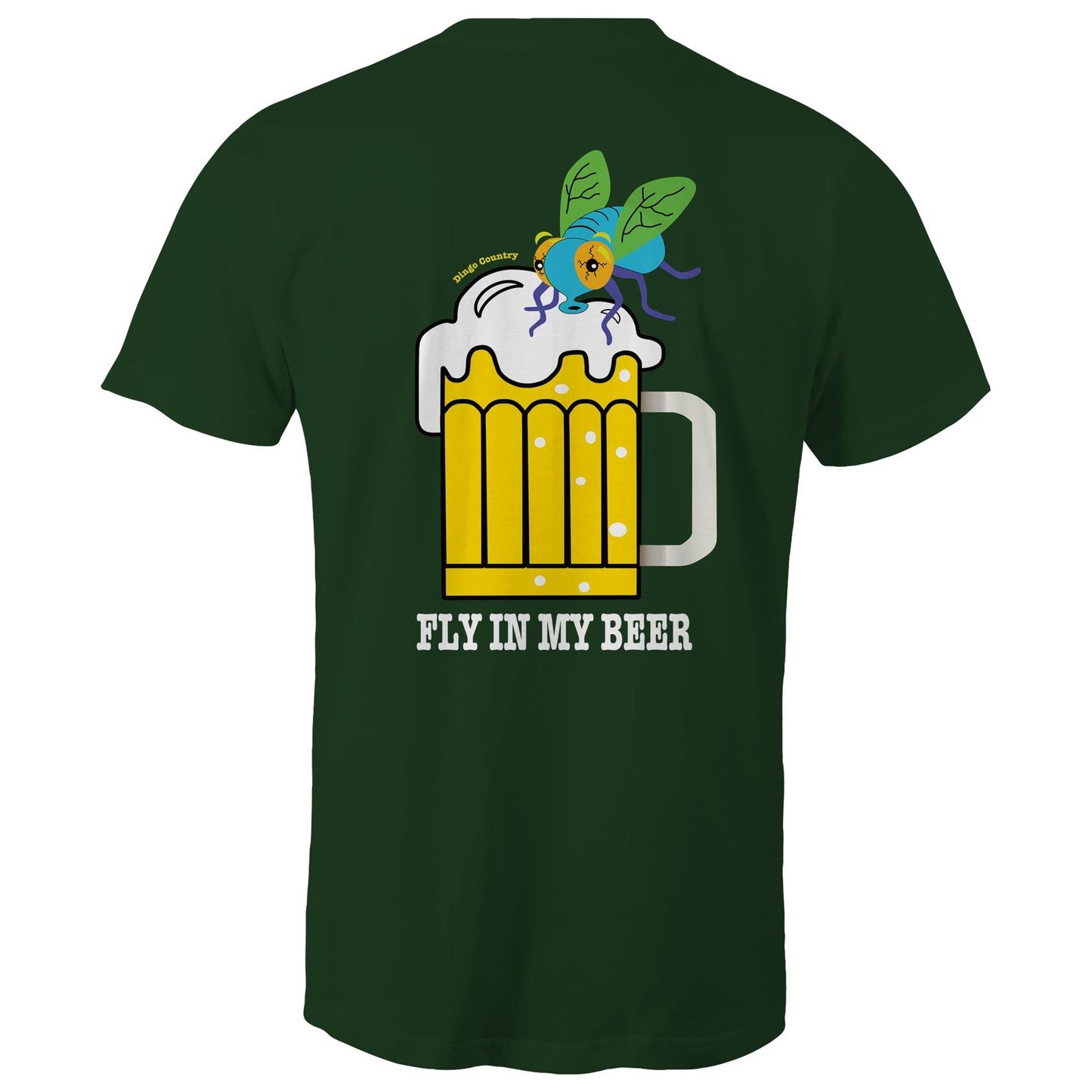 Back view of 'Fly in My Beer' Men's T-Shirt by Dingo Country in forrest green – showcasing a playful graphic of a beer mug with a fly on top and the witty phrase 'Fly in My Beer' in bold letters, symbolising the Aussie outdoor drinking experience.