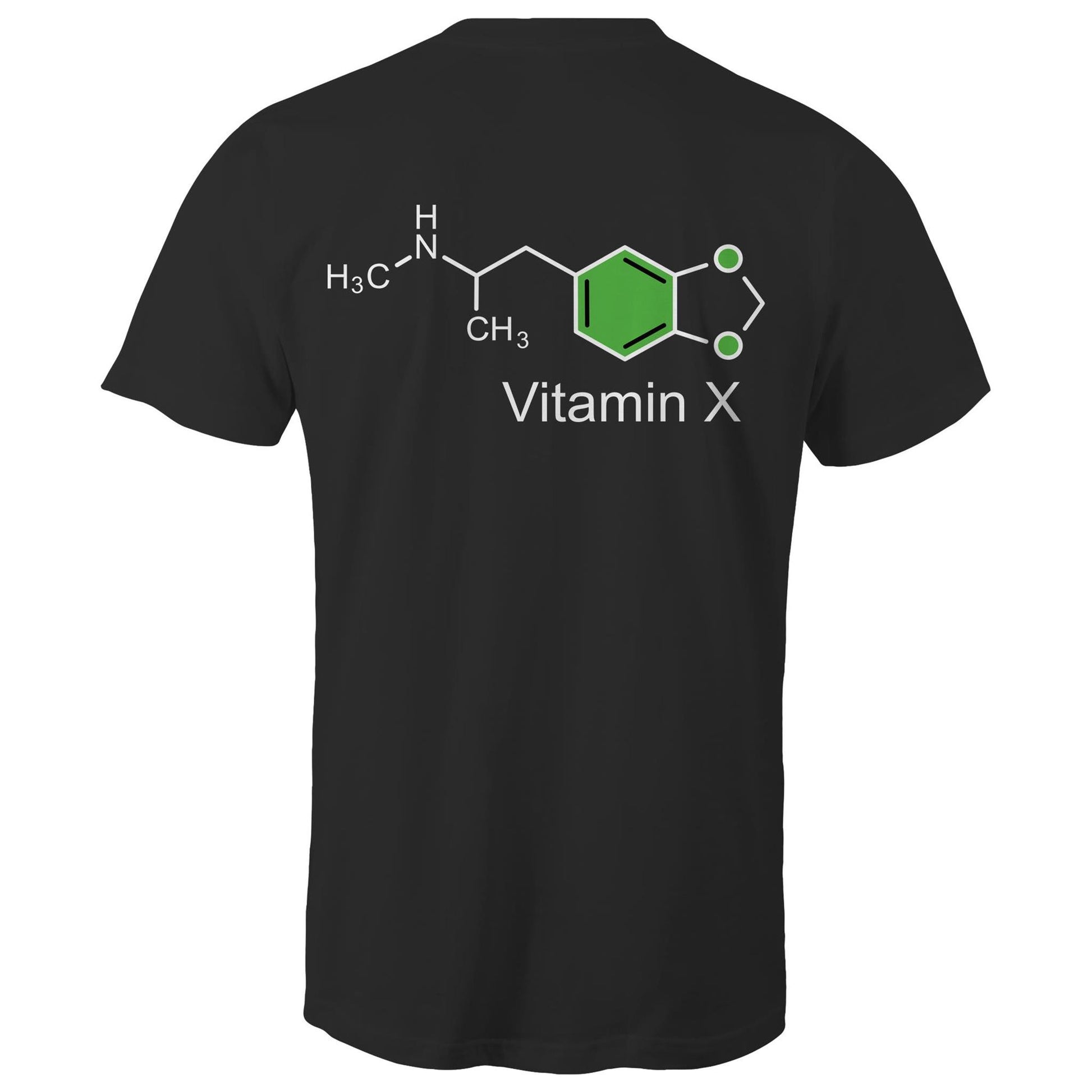 Back of the black t-shirt displaying the green and white MDMA molecular structure with 'Vitamin X' text, celebrating scientific curiosity