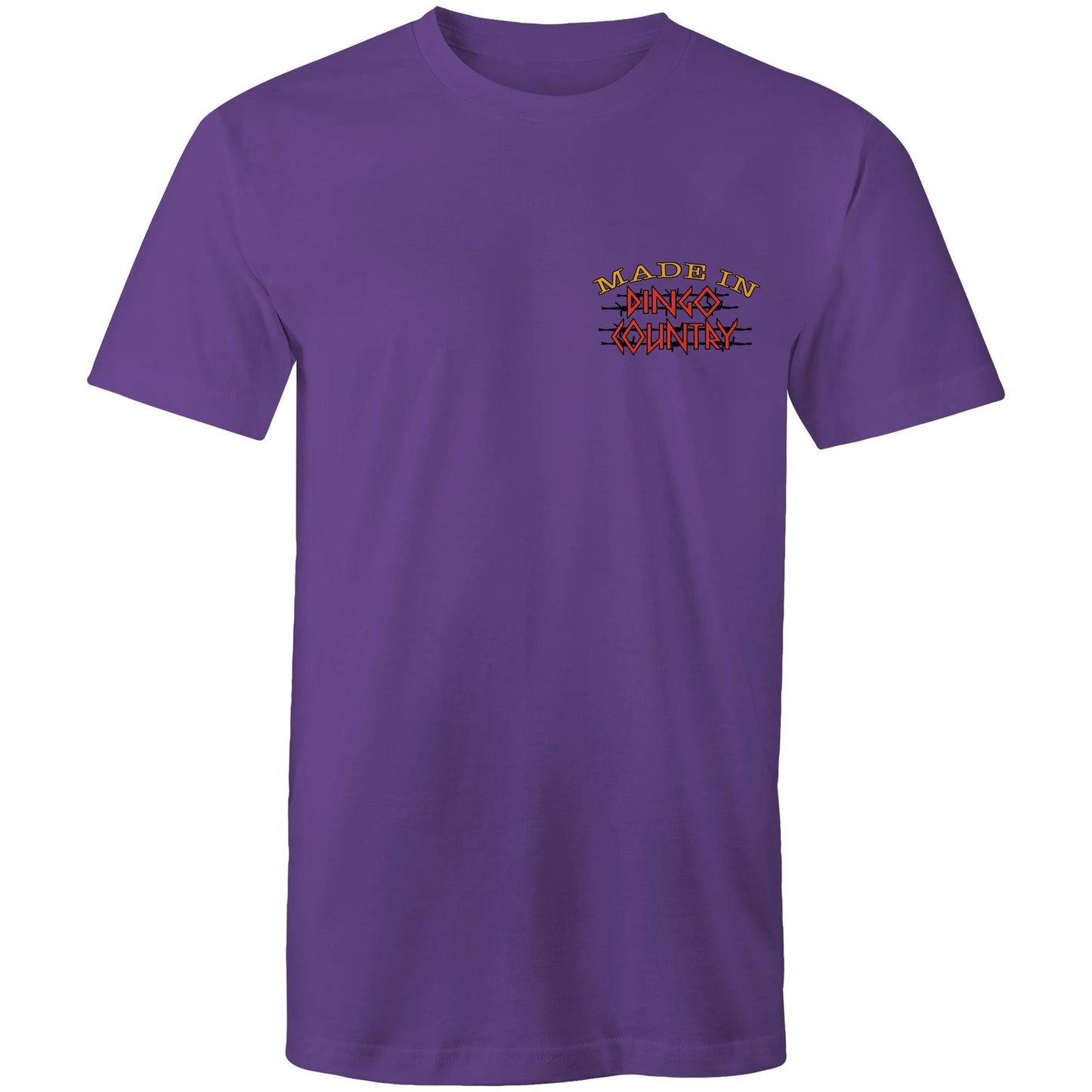 Front view of 'Life’s Short Dance' Men's T-Shirt showcasing the 'Made in Dingo Country' logo in warm earthy tones on a purple background.