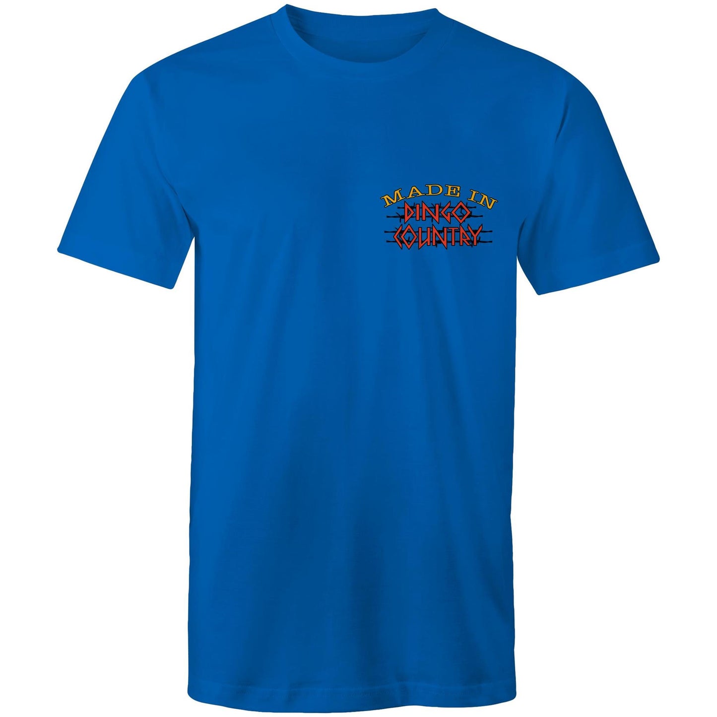 Men's bright royal T-shirt with a small 'Made in Dingo Country' chest logo, signifying understated Australian pride and a love for homegrown science.