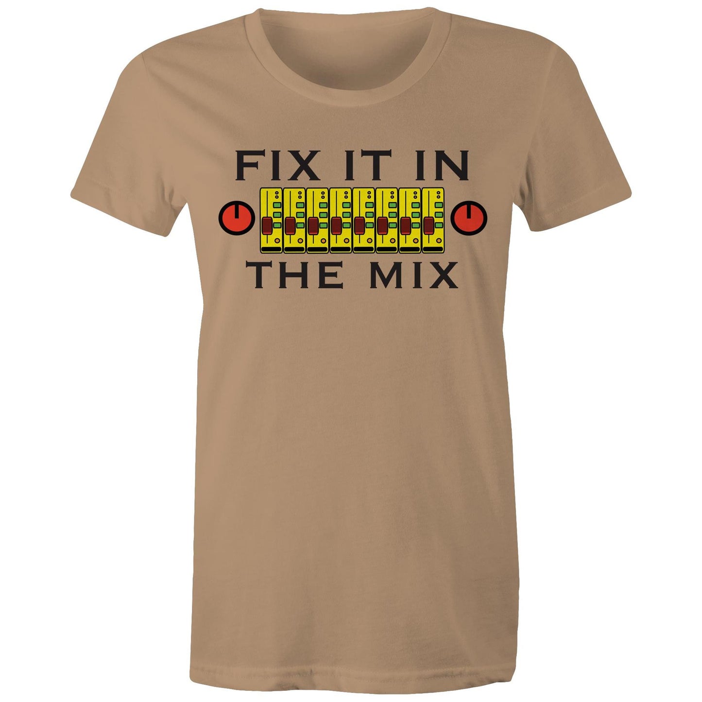 Fix It In The Mix' women's maple tee in Tan with colourful mixer design