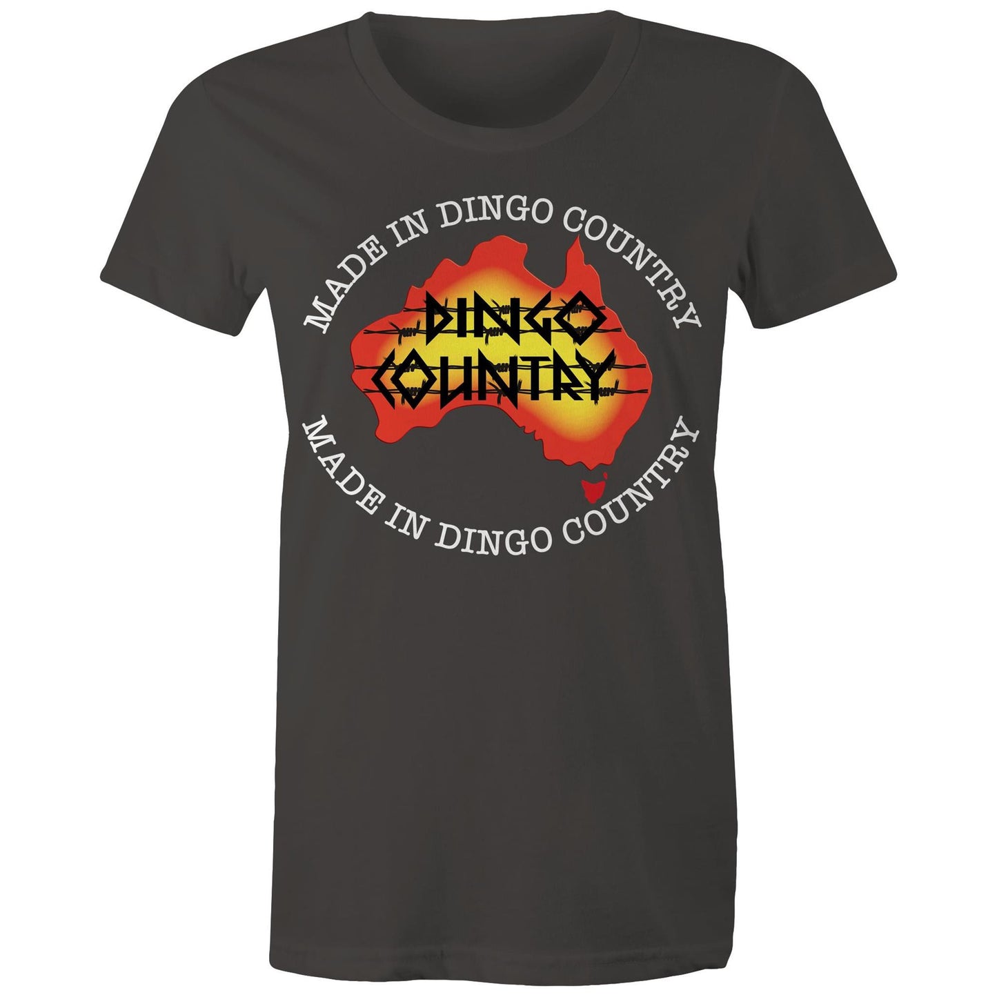 Women's Dingo Country Australia map t-shirt in charcoal, available in 16 colors, with 'Made in Dingo Country' text for a proud Australian look.