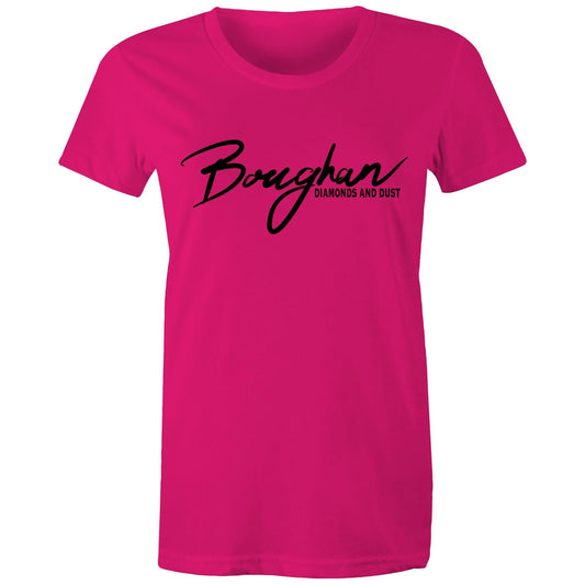 Women's fuchsia Maple Tee with 'Boughan - Diamonds and Dust' script.