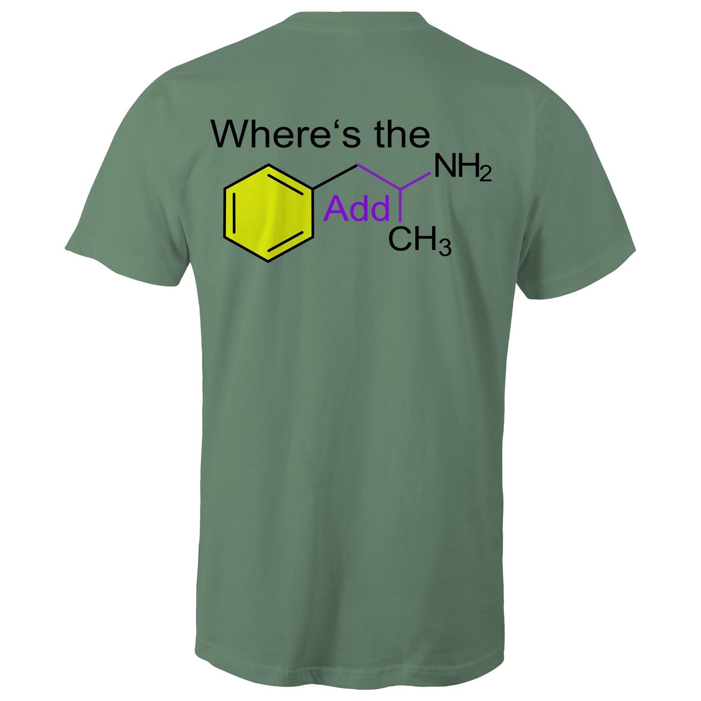 Rear view of a sage men's t-shirt featuring the playful phrase "Where’s the Addy" intertwined with the molecular structure for mixed amphetamine salts. The chemical elements are highlighted with distinct colours for a striking educational yet cheeky design.