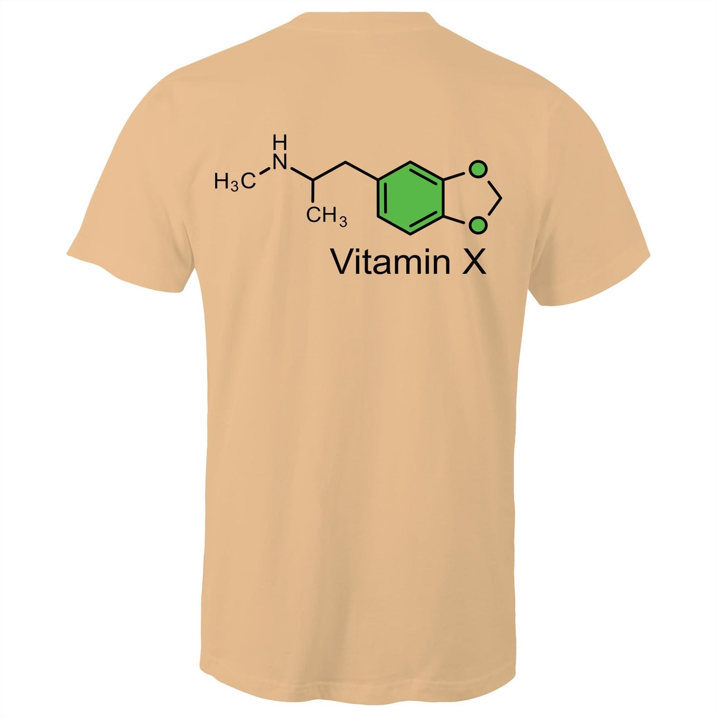 Back of the tan t-shirt displaying the green and black MDMA molecular structure with 'Vitamin X' text, celebrating scientific curiosity